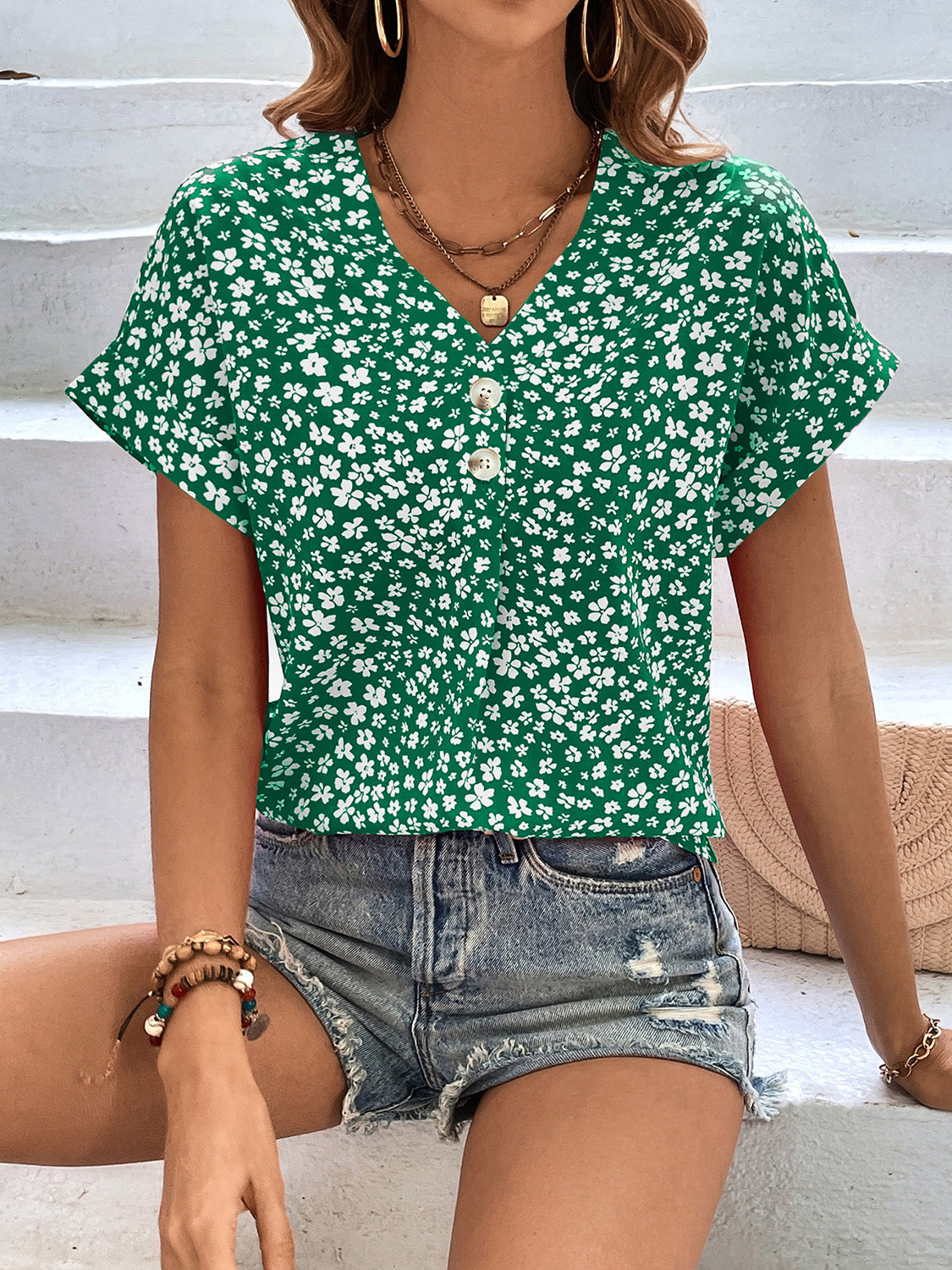 Printed V-Neck Short Sleeve Blouse nicholesgifts