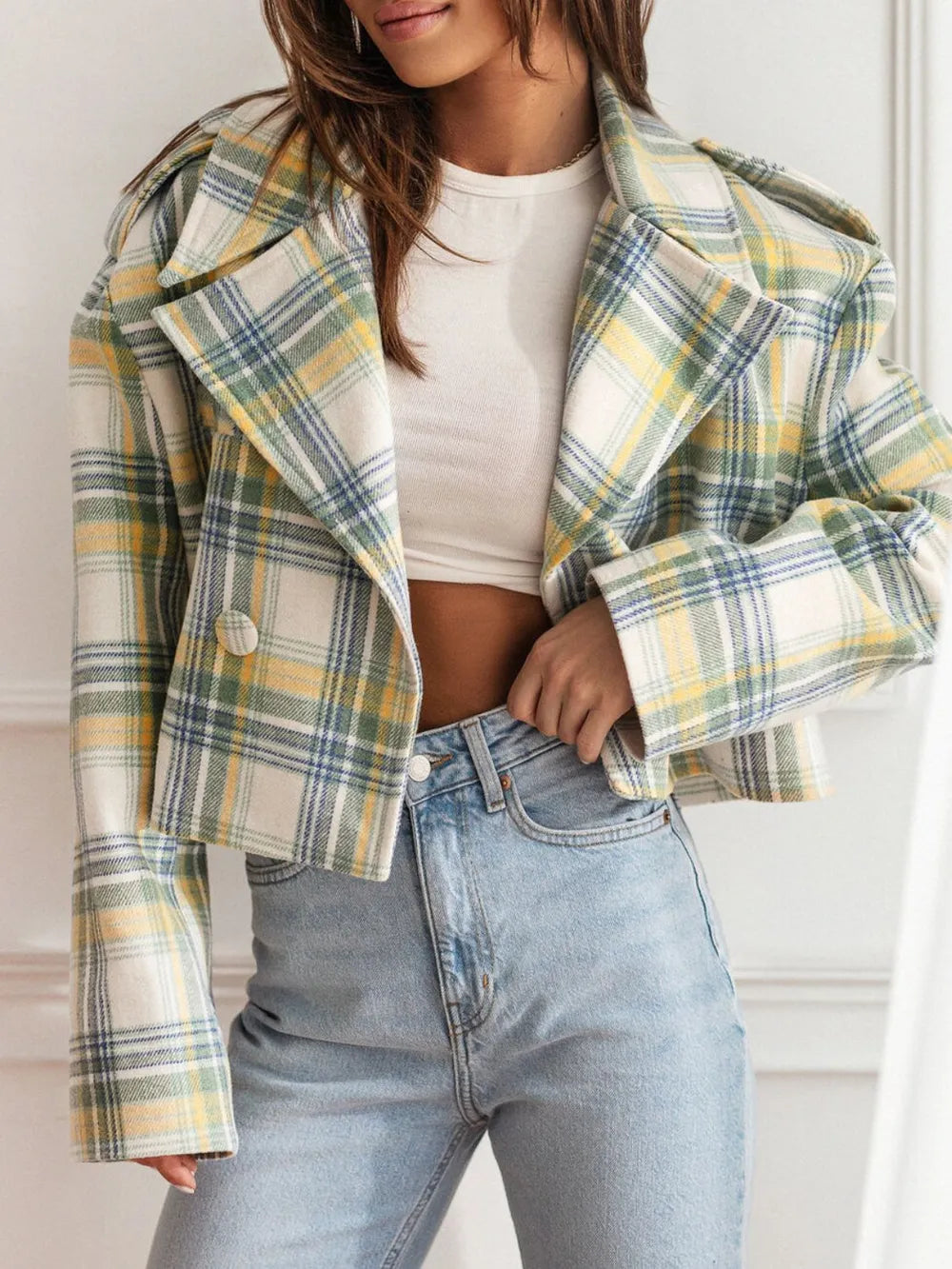 Lapel Collar Plaid Cropped Jacket Trendsi