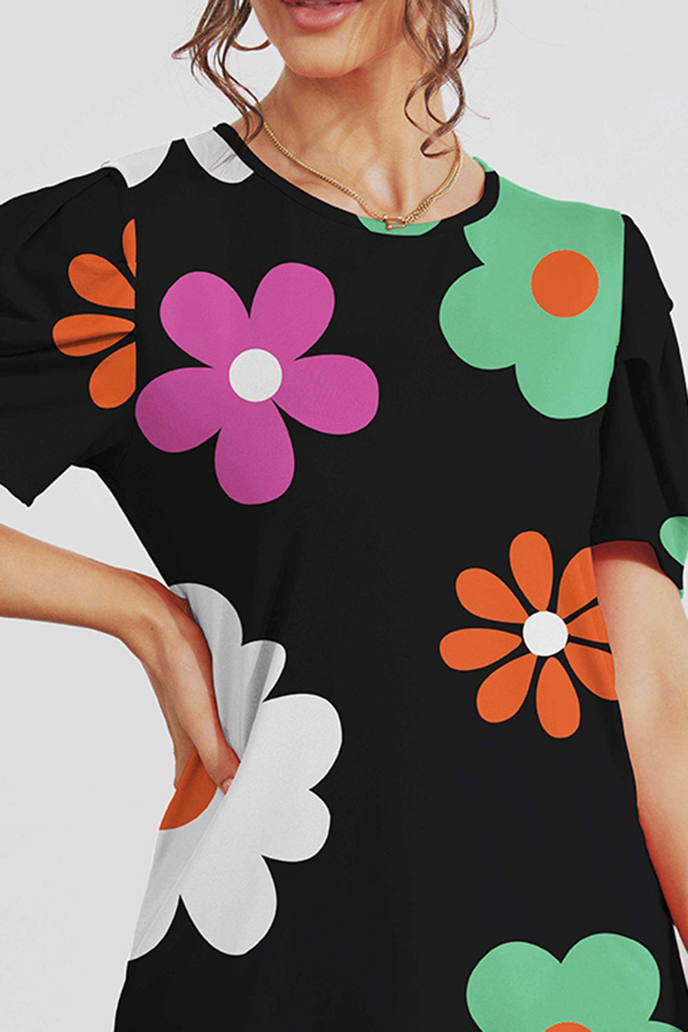 Women Flower Round Neck Short Sleeve Blouse nicholesgifts