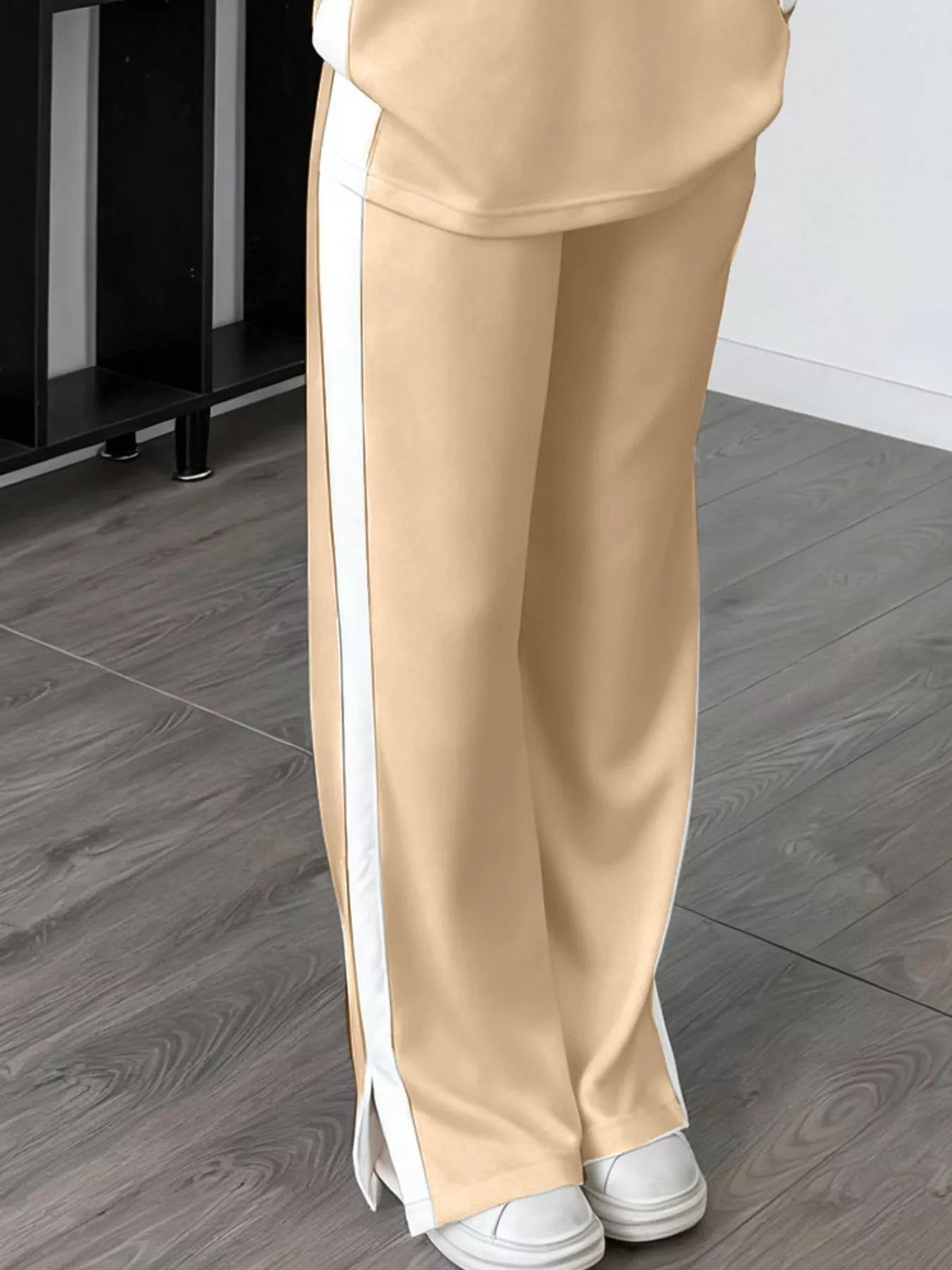 Full Size Contrast Round Neck Top and Pants Set Plus Size nicholesgifts