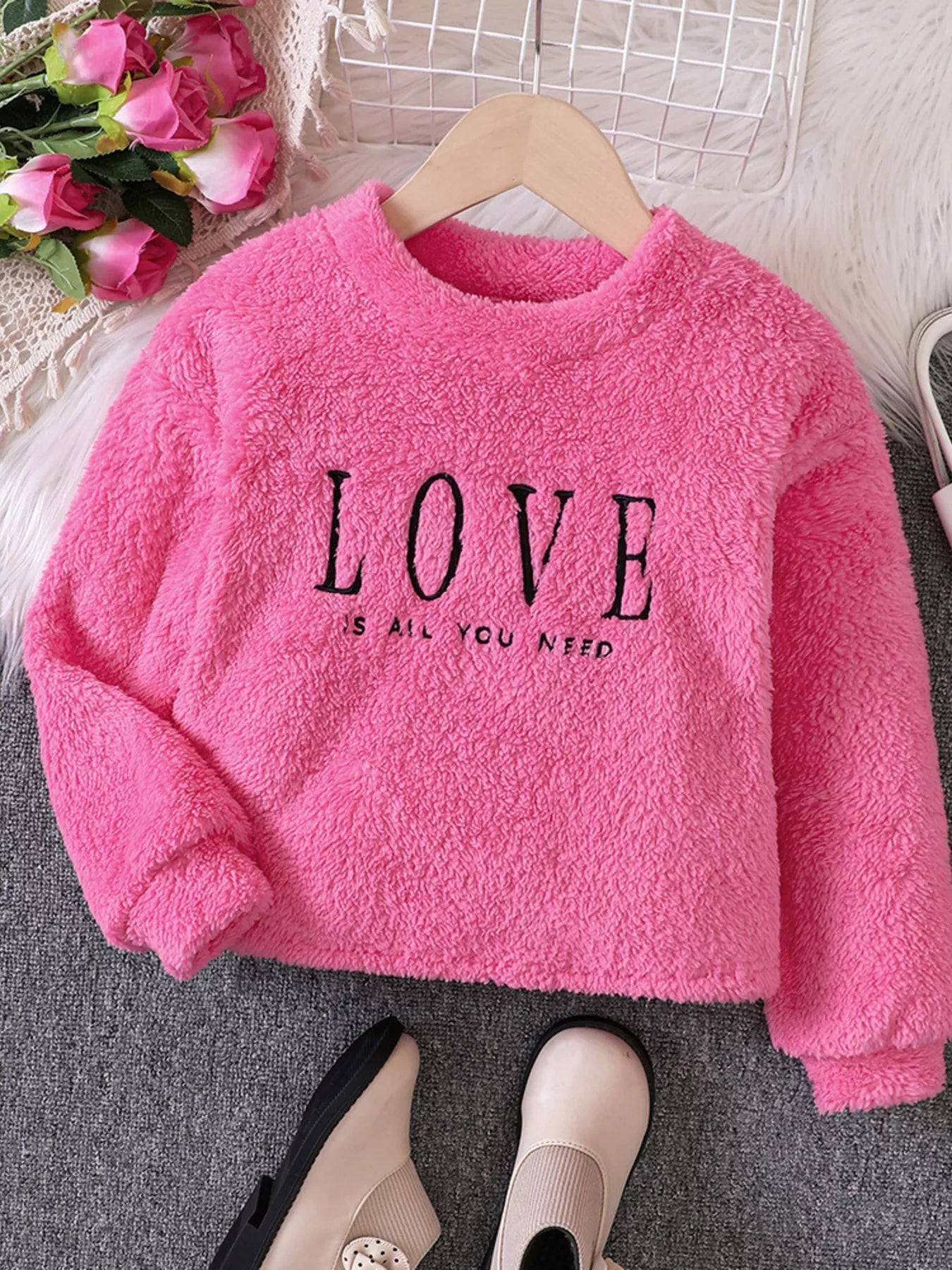 Children's Love Round Neck Fuzzy Sweatshirt Trendsi