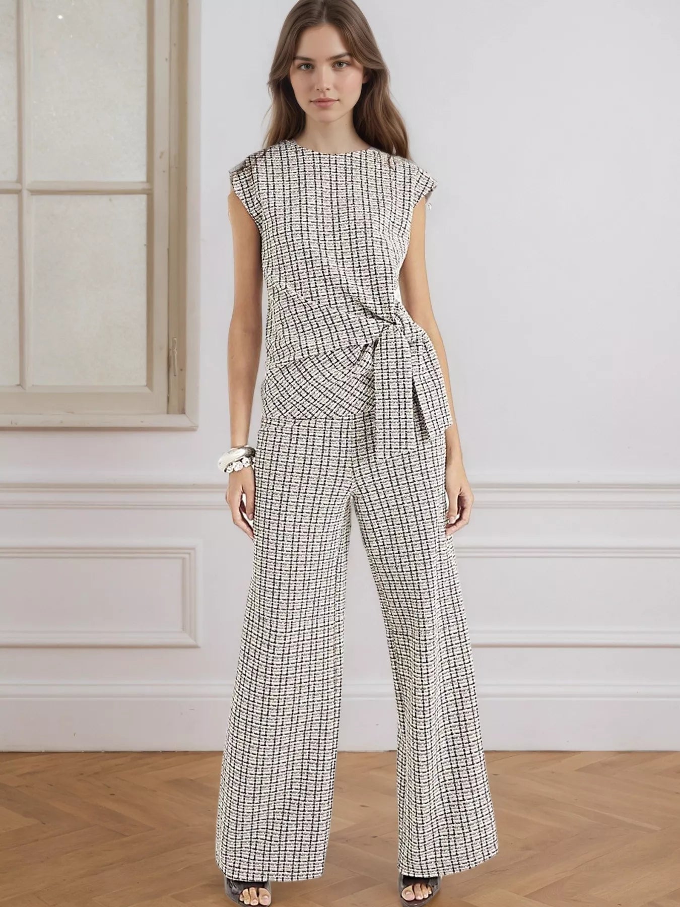 Tied Round Neck Top and Pants Set Trendsi