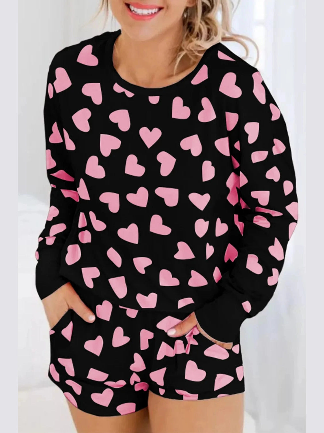 Heart Print Long Sleeve Top and Shorts Lounge Set nicholesgifts