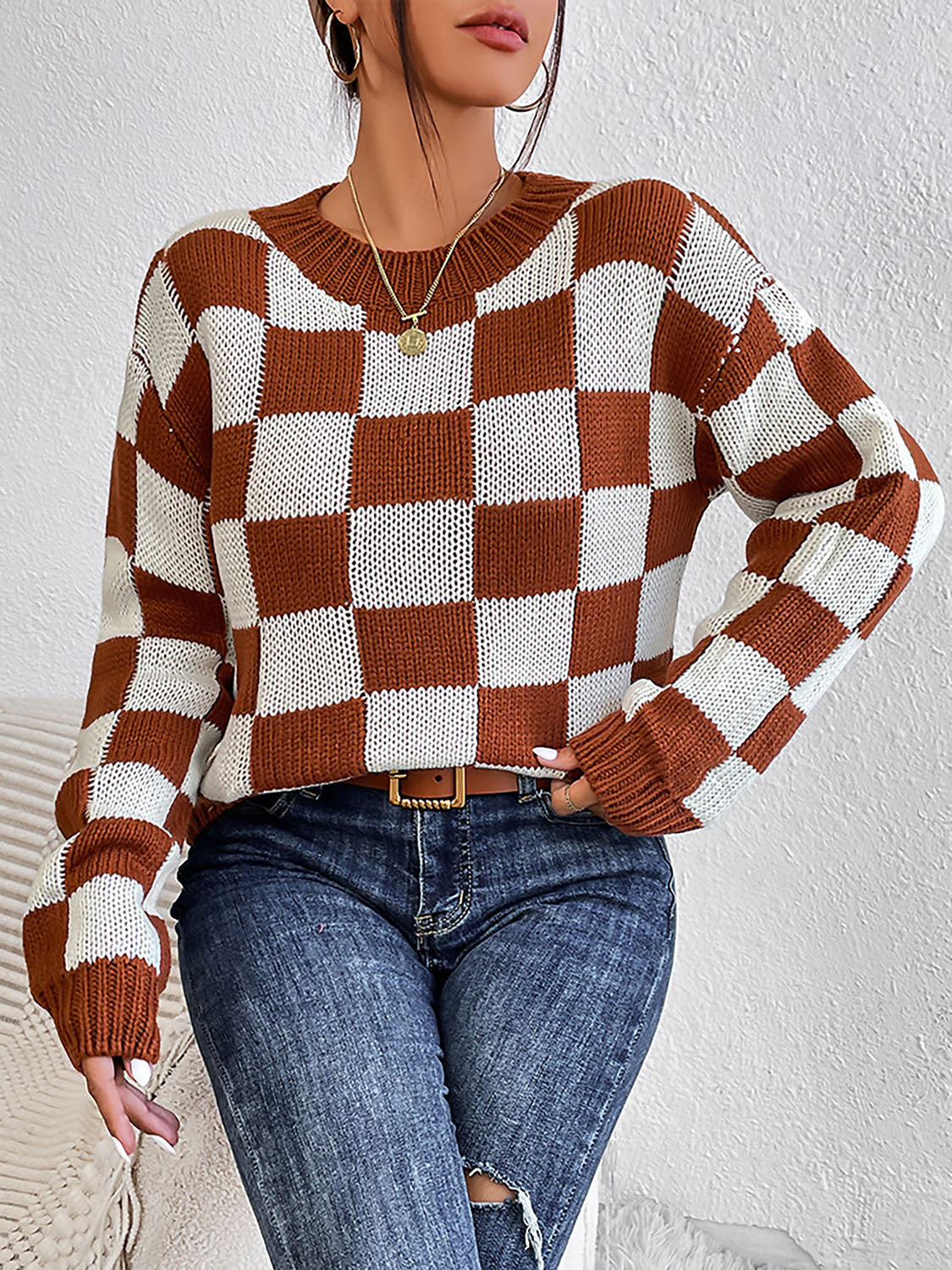 Checkered Round Neck Sweater Trendsi