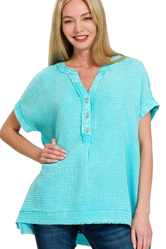 Zenana Washed Double Gauze 3/4 Button Henley Neck Shirt Trendsi
