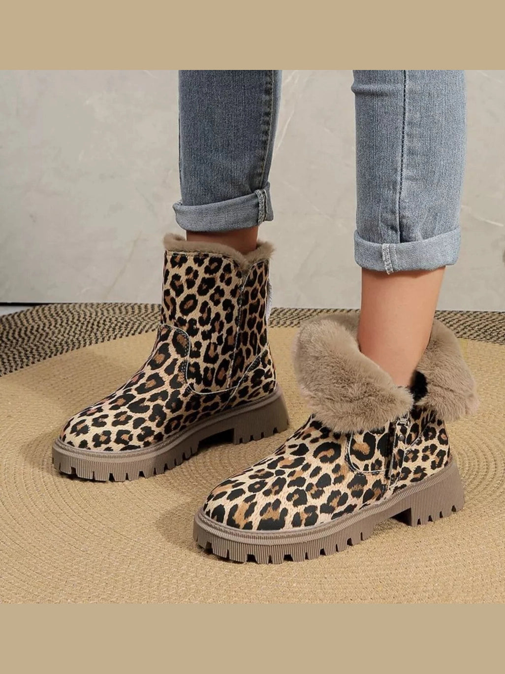 Leopard Print Fur Lined Ankle Boots Trendsi