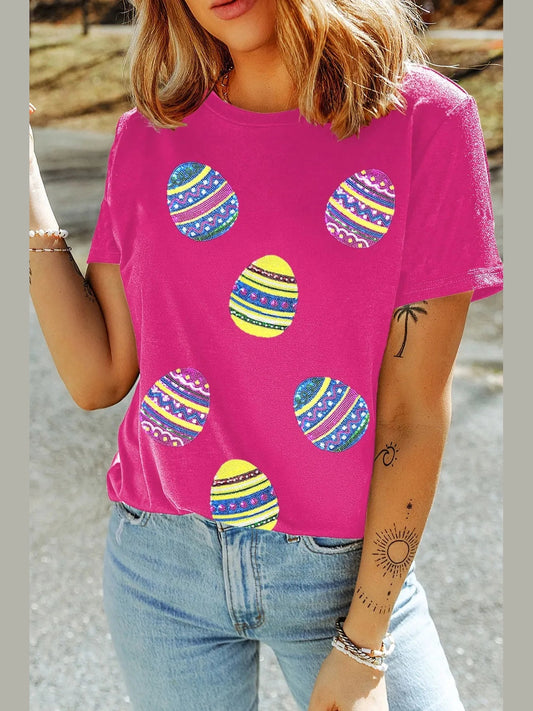 Sequin Easter Egg Short Sleeve T-Shirt Trendsi