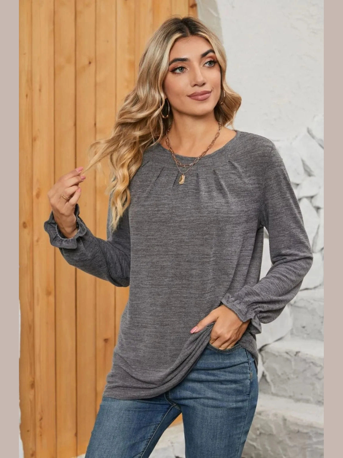 Ruched Round Neck Flounce Sleeve T-Shirt NicholesGifts