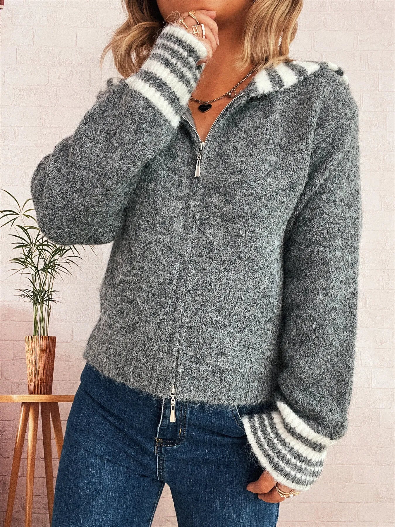 Striped Zip-Up Cardigan NicholesGifts