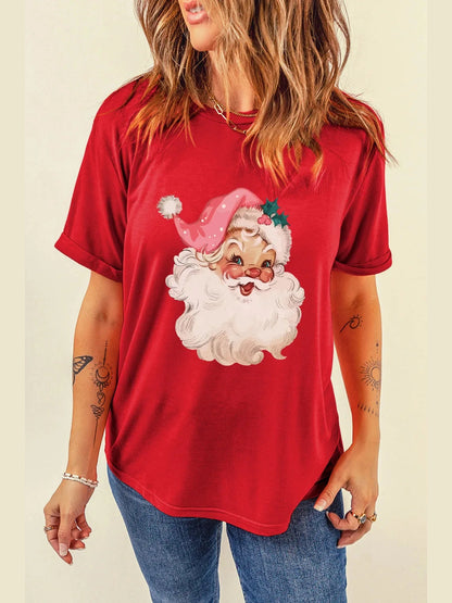 Women Santa Round Neck Short Sleeve Christmas T-Shirt nicholesgifts
