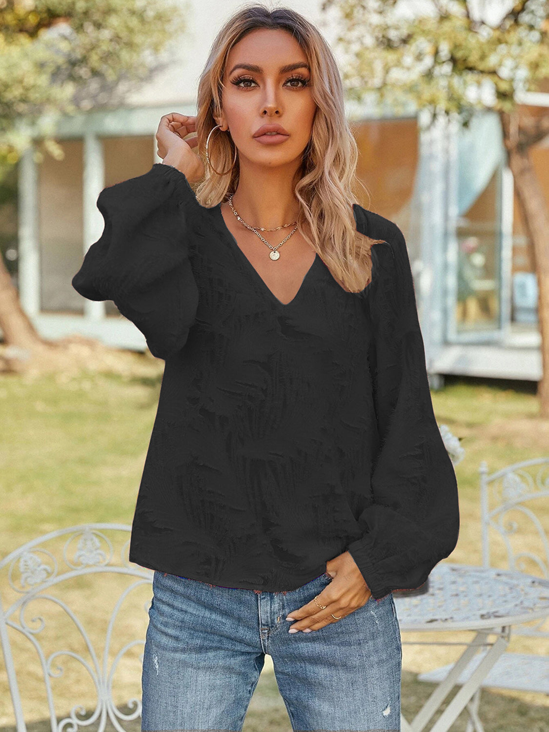 V-Neck Long Sleeve Blouse nicholesgifts