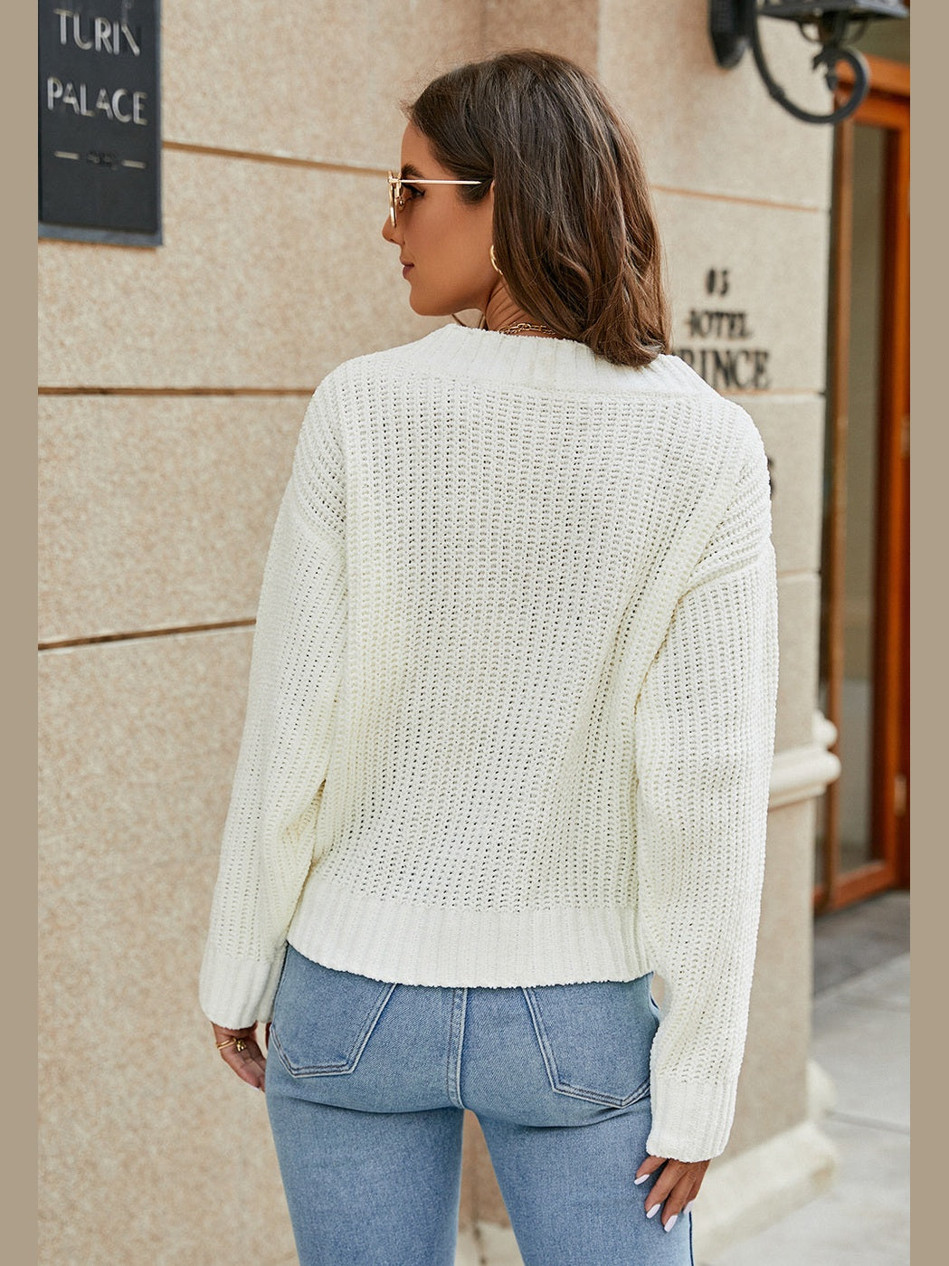 Openwork Surplice Long Sleeve Sweater Trendsi