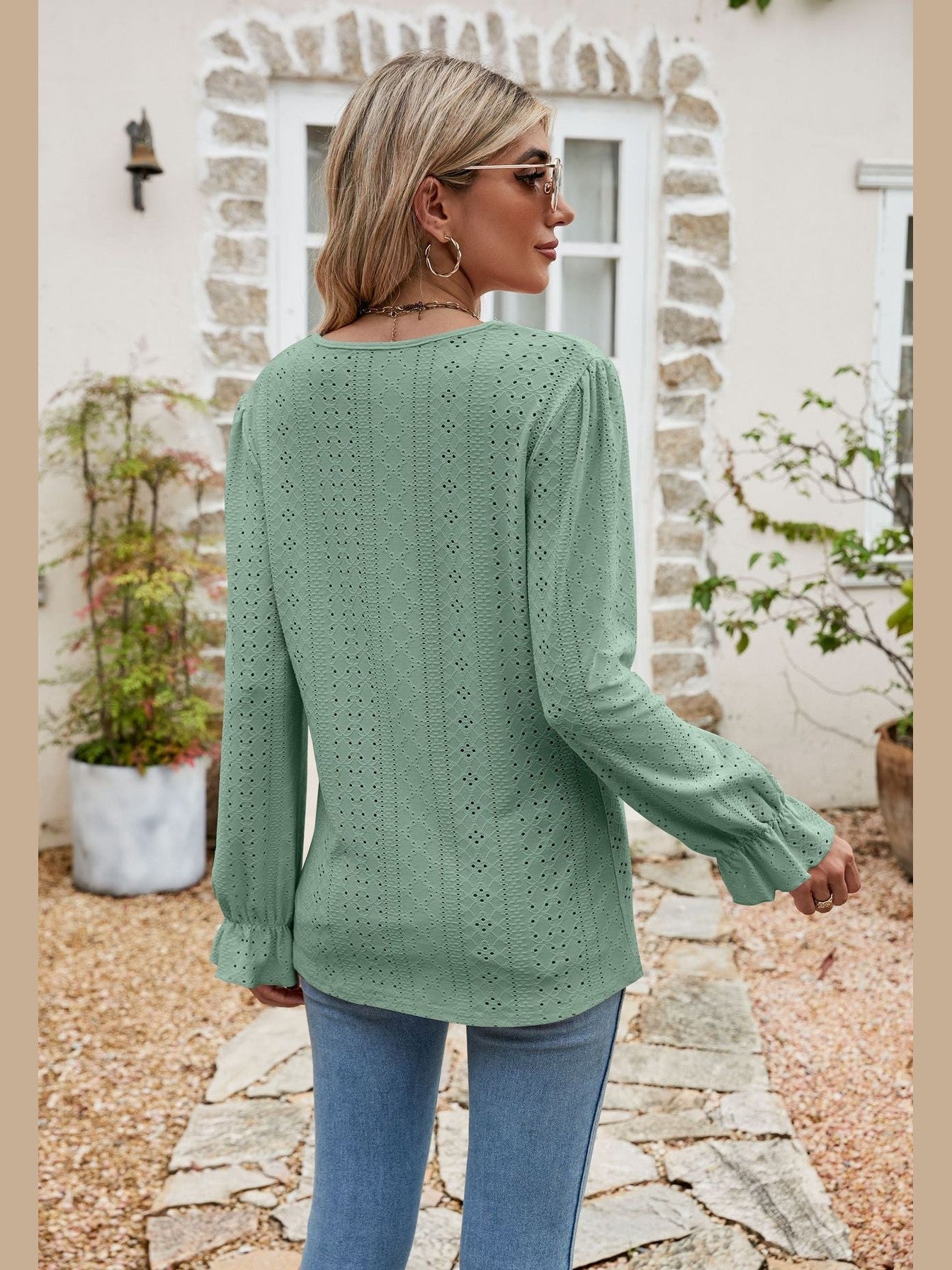 Eyelet Lace Trim Flounce Sleeve Blouse