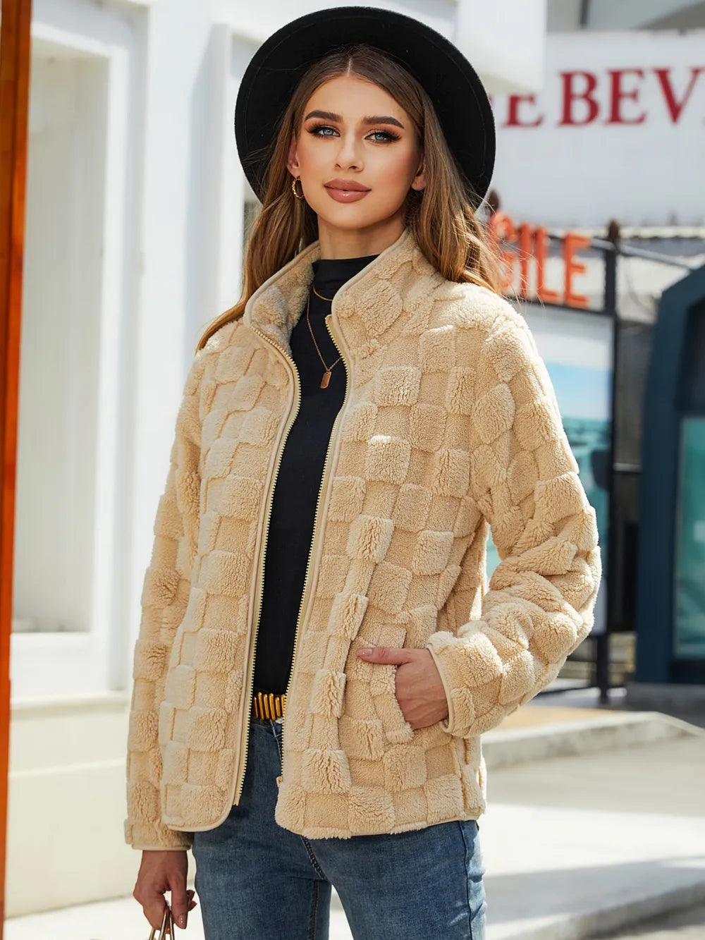 Fuzzy Checkered Zip Up Jacket nicholesgifts