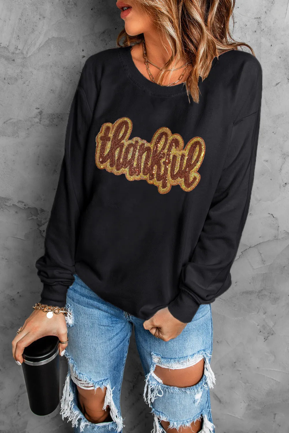 THANKFUL Round Neck Long Sleeve Sweatshirt Trendsi
