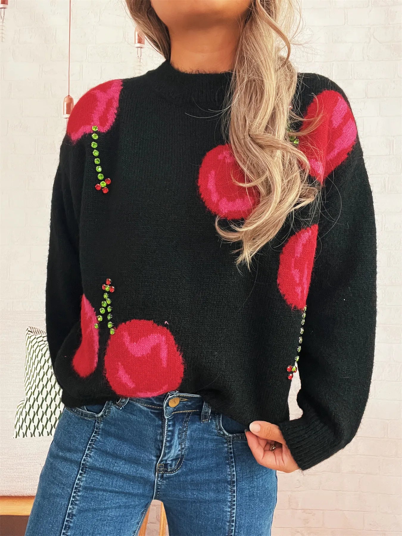 Contrast Cherry Round Neck Sweater