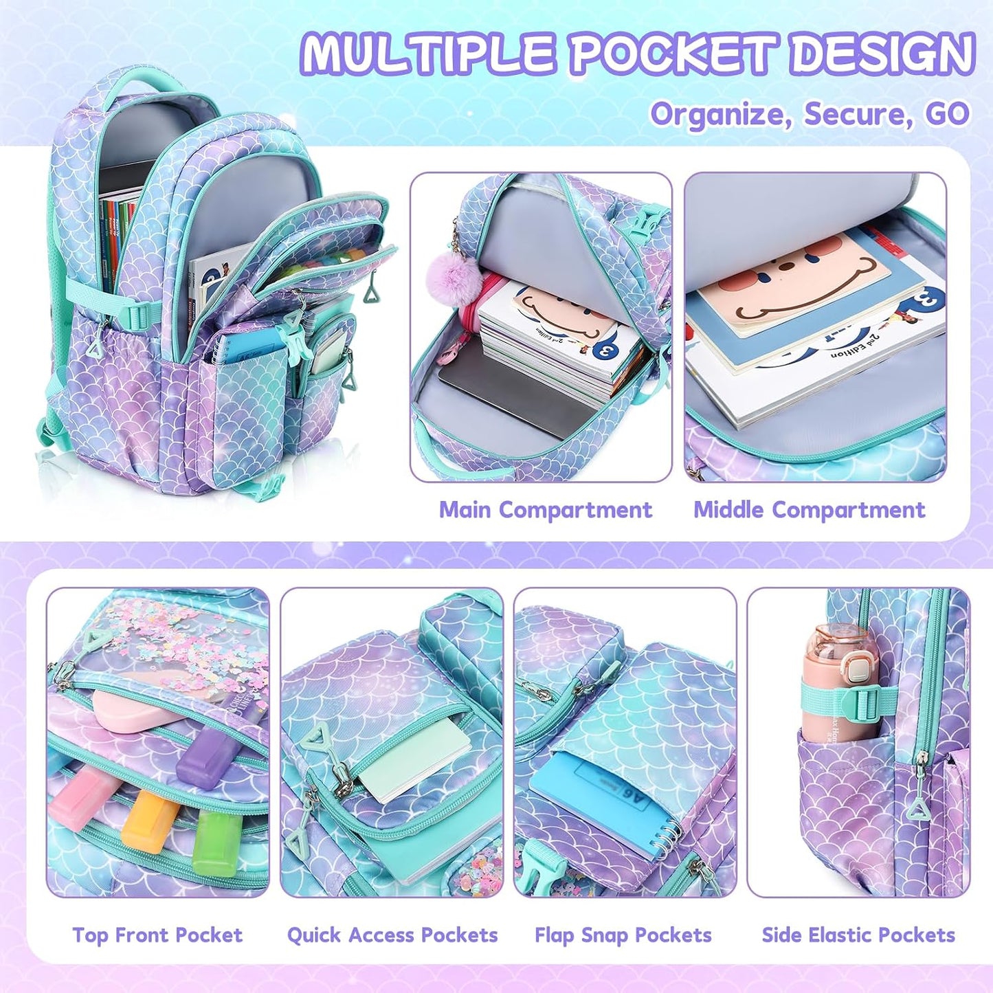 Girls Backpack,School Bag for Kids,Primary,Elementary,Teen Ages 6-15 Girls Bookbag,Students Kawaii Backpack Blue Mermaid