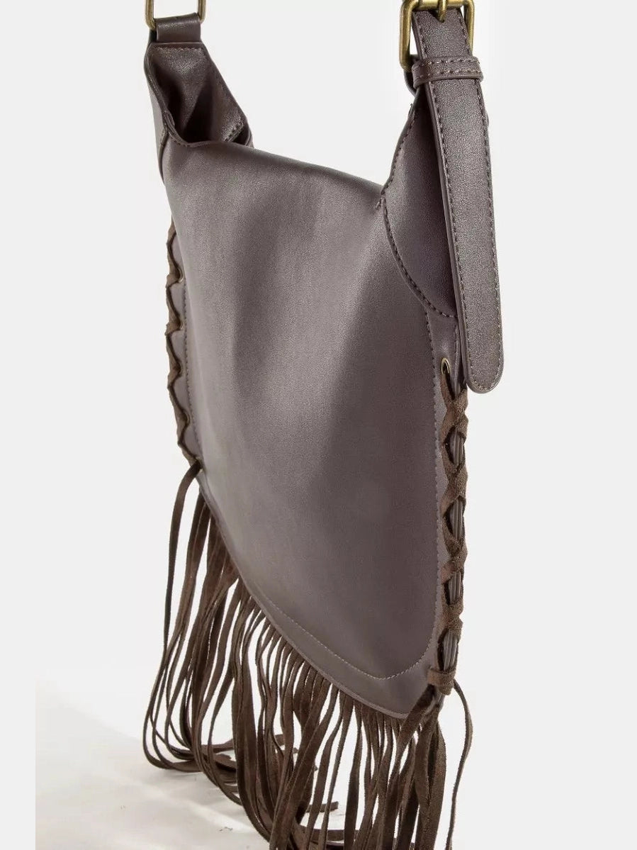 Fame Rivet Trim Suede Fringe Shoulder Bag nicholesgifts