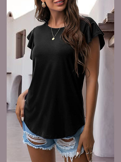 Ruffled Round Neck Cap Sleeve Blouse nicholesgifts