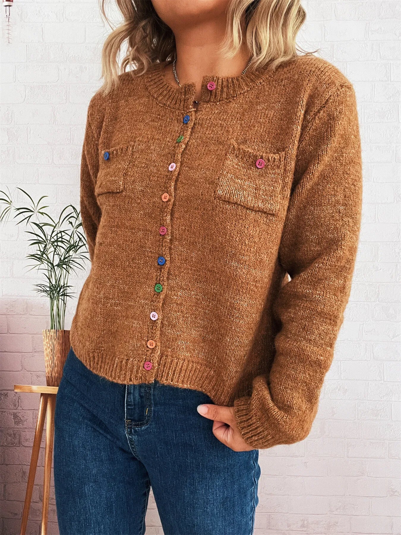 Button-Up Ribbed Hem Cardigan with Chest Pocket