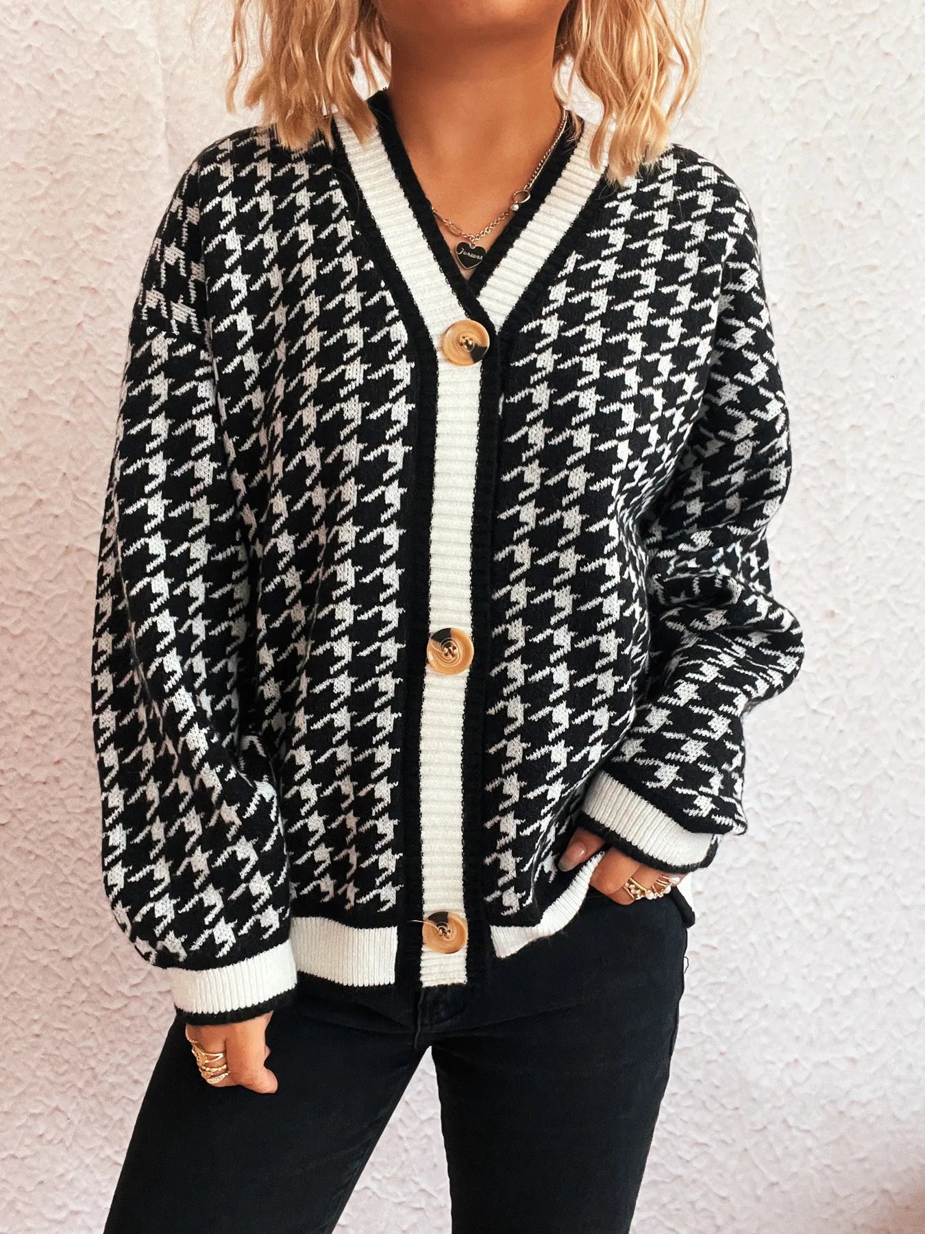 Houndstooth Pattern V-Neck Button-Up Cardigan