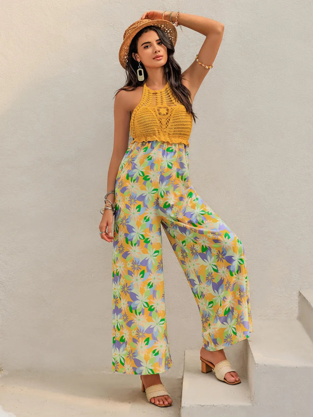 Openwork Halter Neck Floral Wide Leg Jumpsuit nicholesgifts