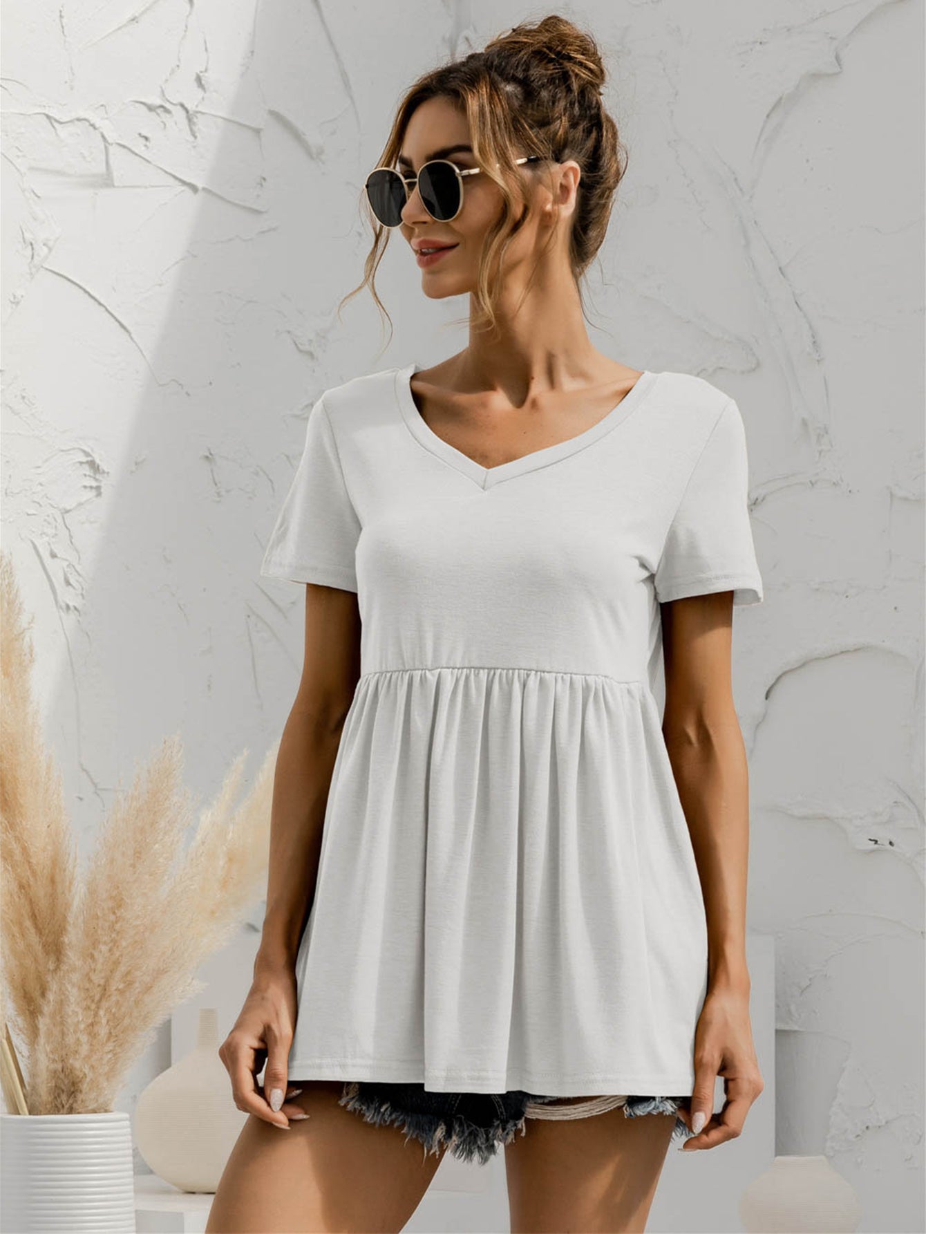 V-Neck Short Sleeve Babydoll Top NicholesGifts