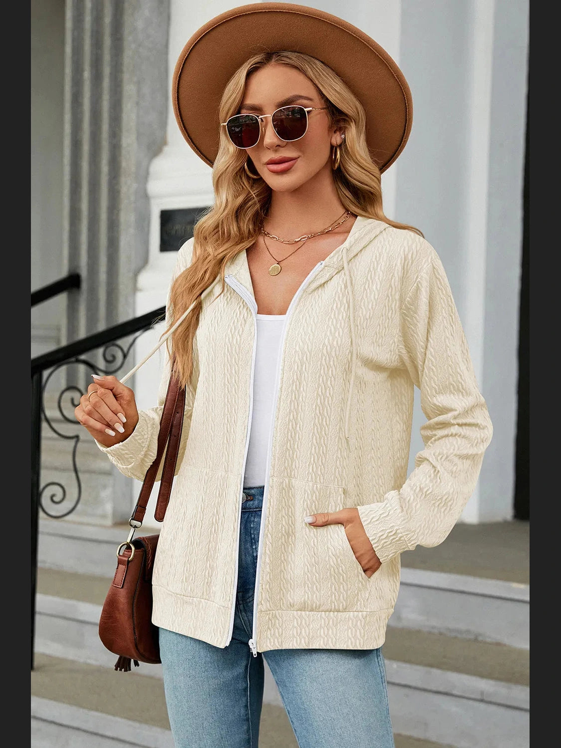 Drawstring Zip Up Long Sleeve Hoodie Trendsi