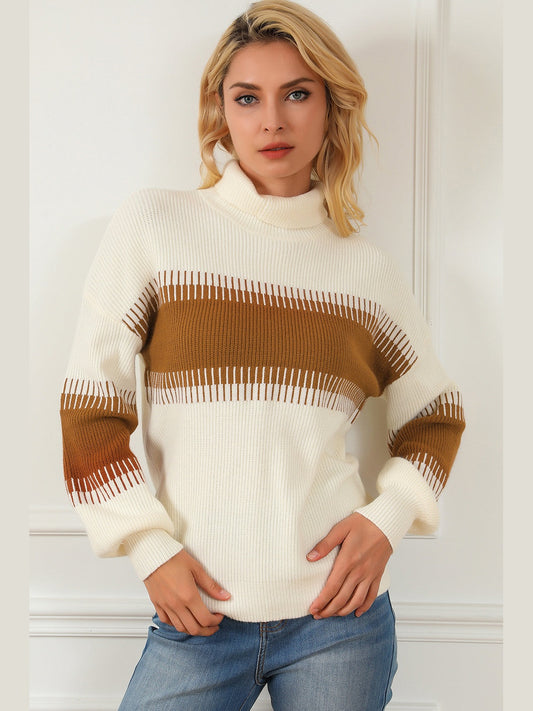 Contrast Turtleneck Long Sleeve Sweater Trendsi