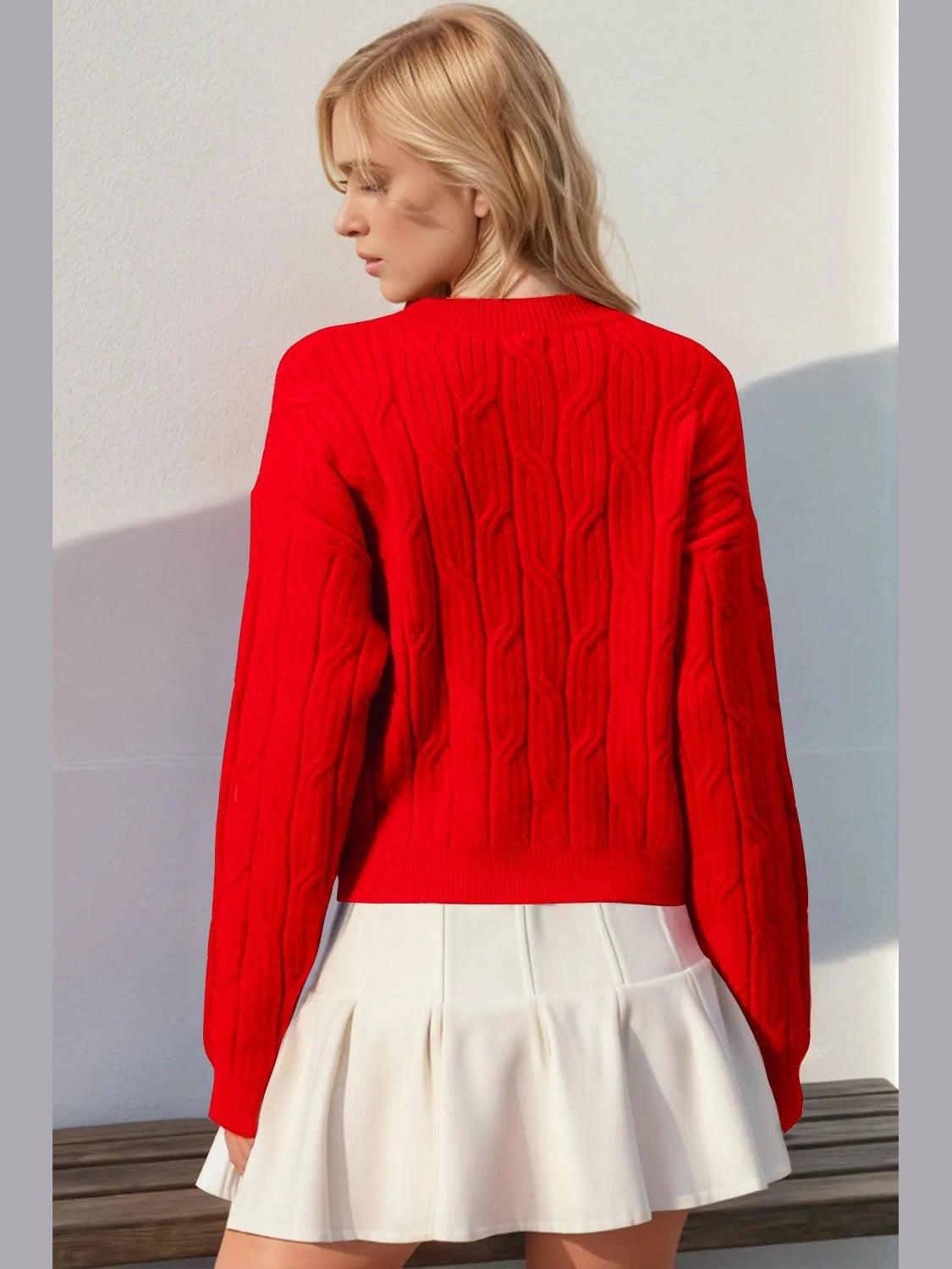 Double Take Full Size Bow Cable-Knit Round Neck Sweater Trendsi