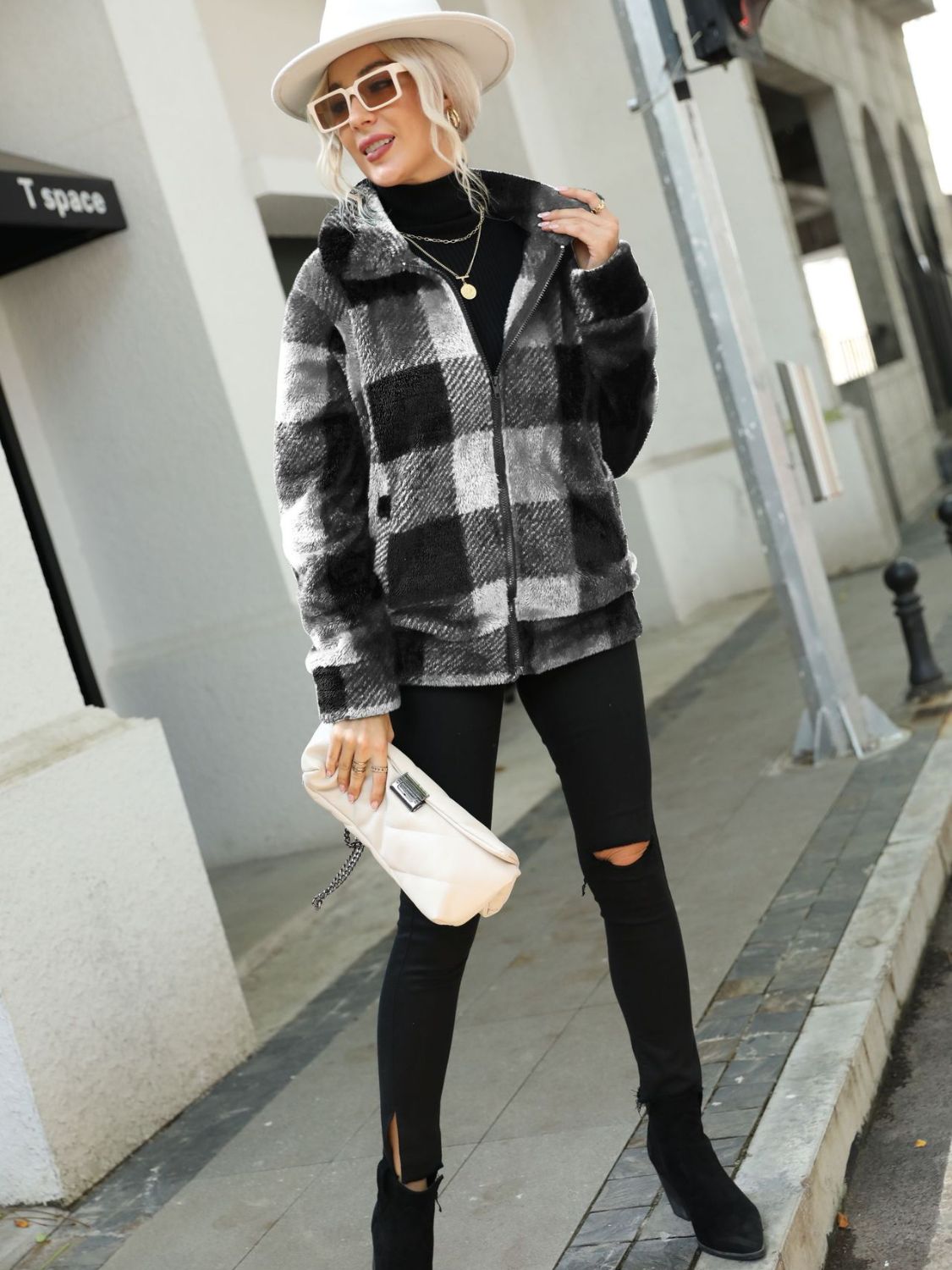 Plaid Zip-Up Collared Jacket NicholesGifts