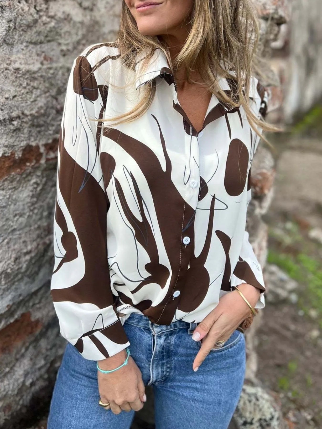 Full Size Abstract Print Long Sleeve Button-Up Shirt Plus Size