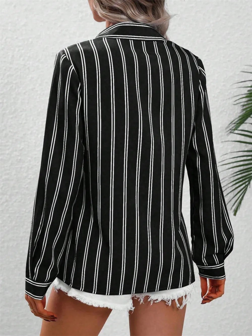 Striped Collared Neck Long Sleeve Shirt NicholesGifts