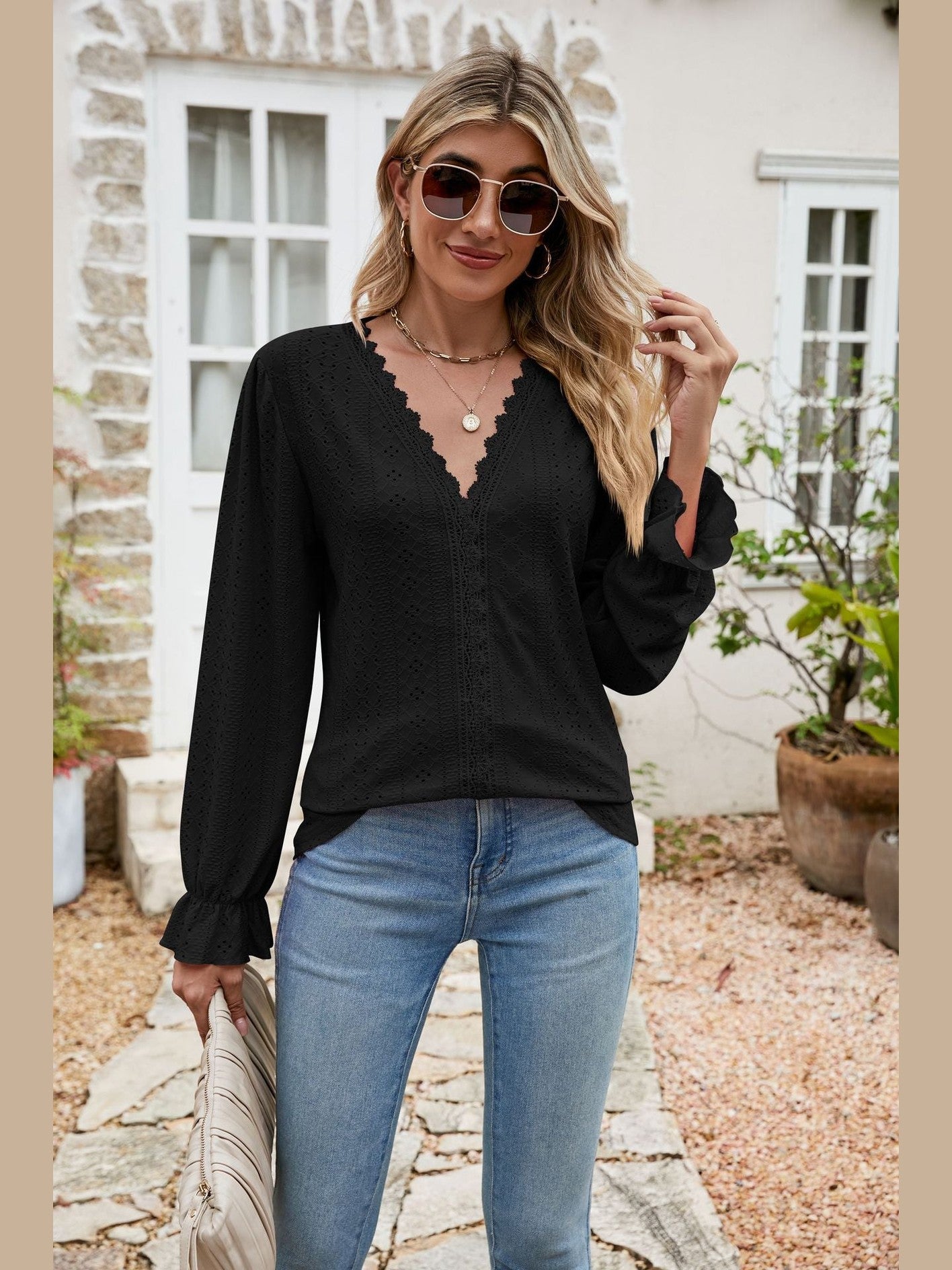 Eyelet Lace Trim Flounce Sleeve Blouse