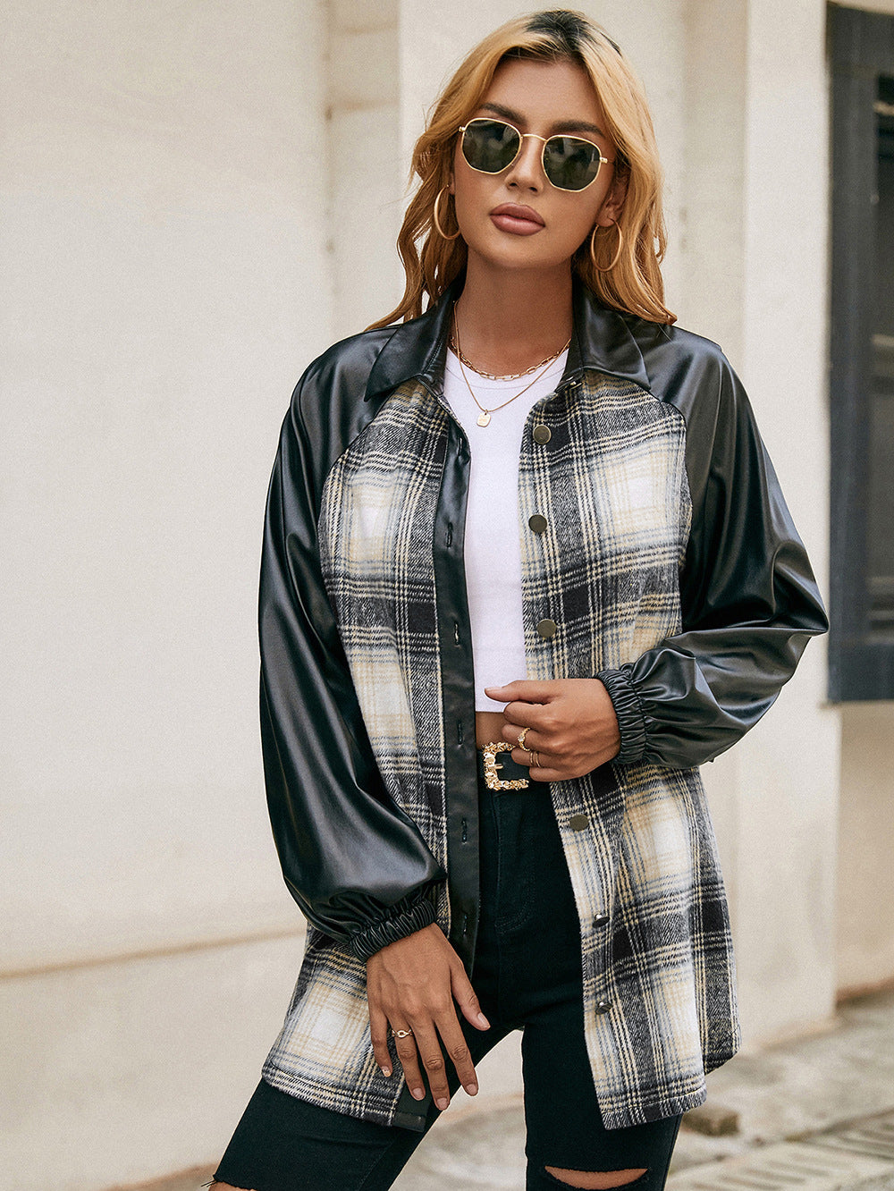 Ivy Lane Plaid Button Down Raglan Sleeve Jacket nicholesgifts