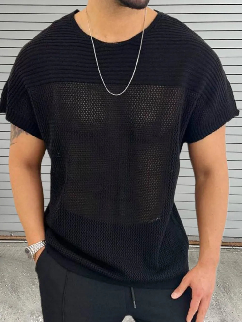Men's Eyelet Round Neck Short Sleeve T-Shirt Trendsi