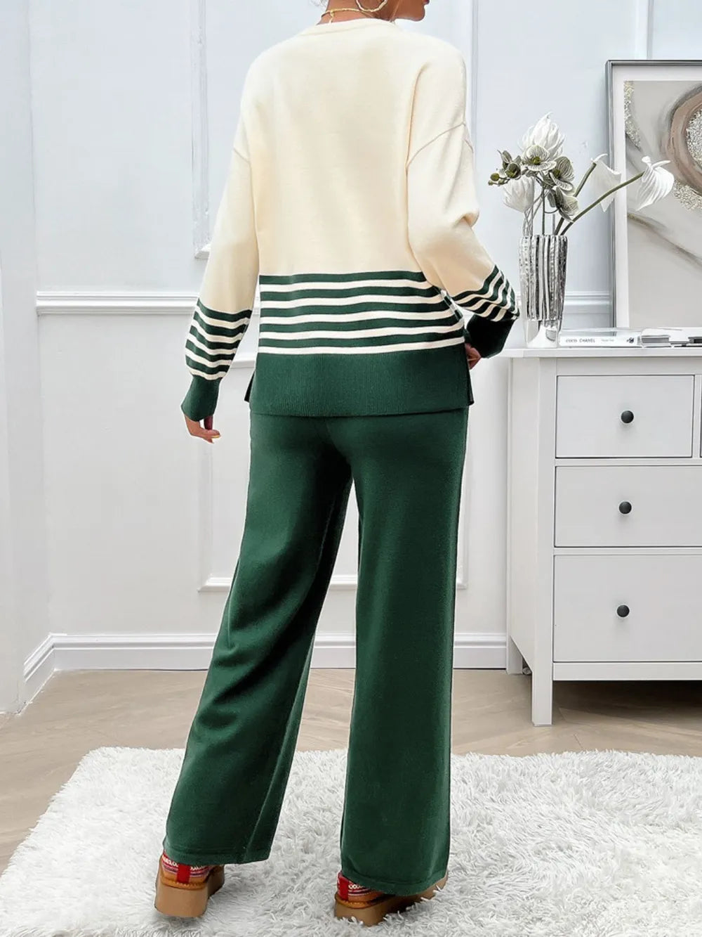 Devine Slit Striped Round Neck Top and Pants Sweater Set nicholesgifts