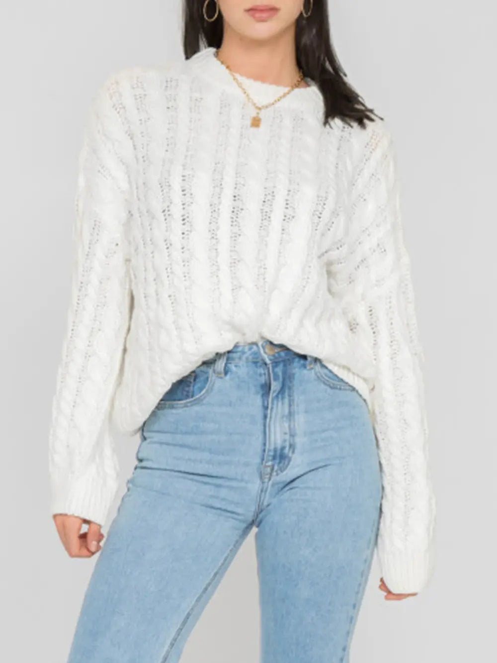 Openwork Round Sleeve Cable-Knit Sweater Trendsi