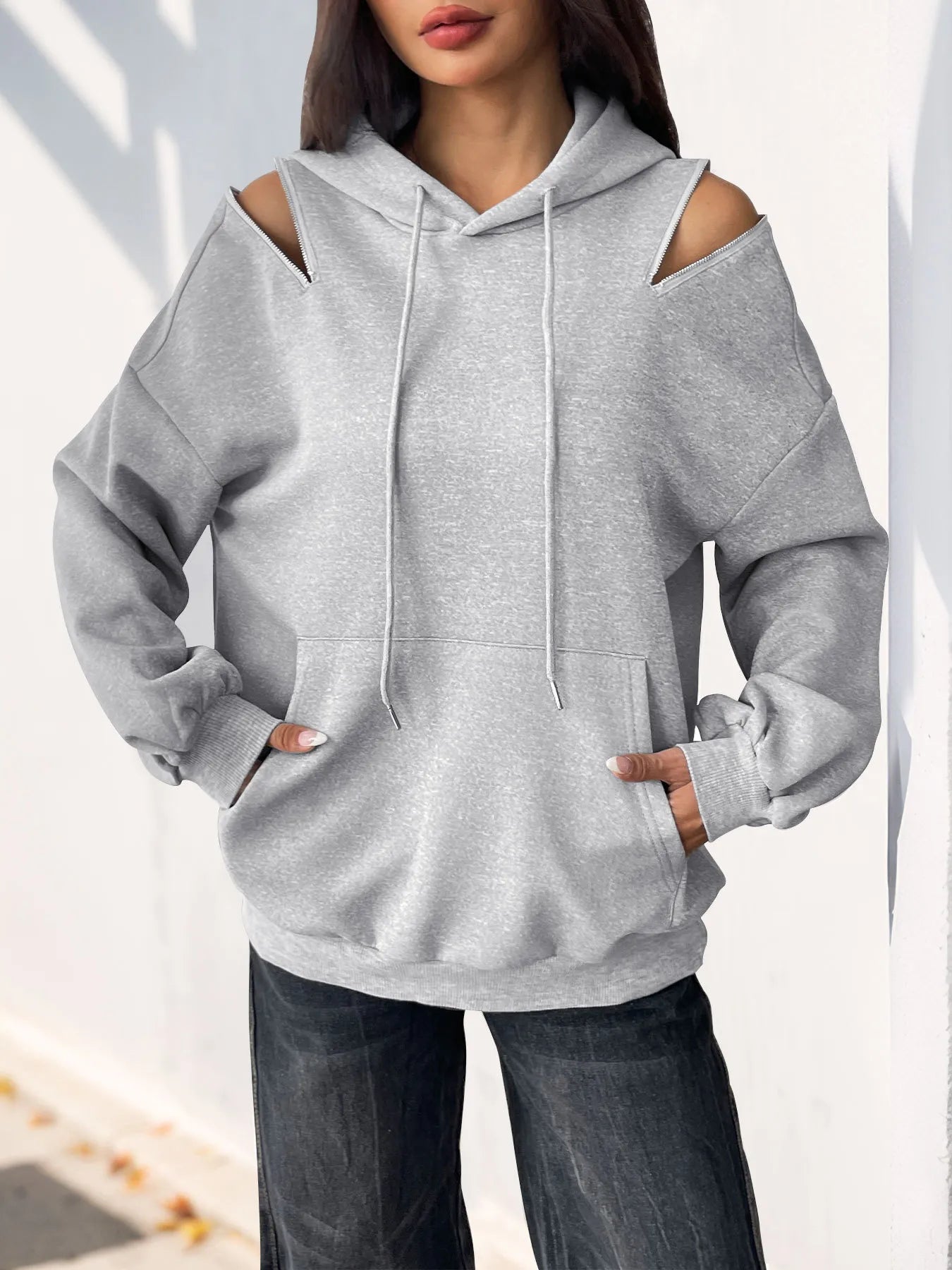 Drawstring Zip Detail Cold Shoulder Hoodie