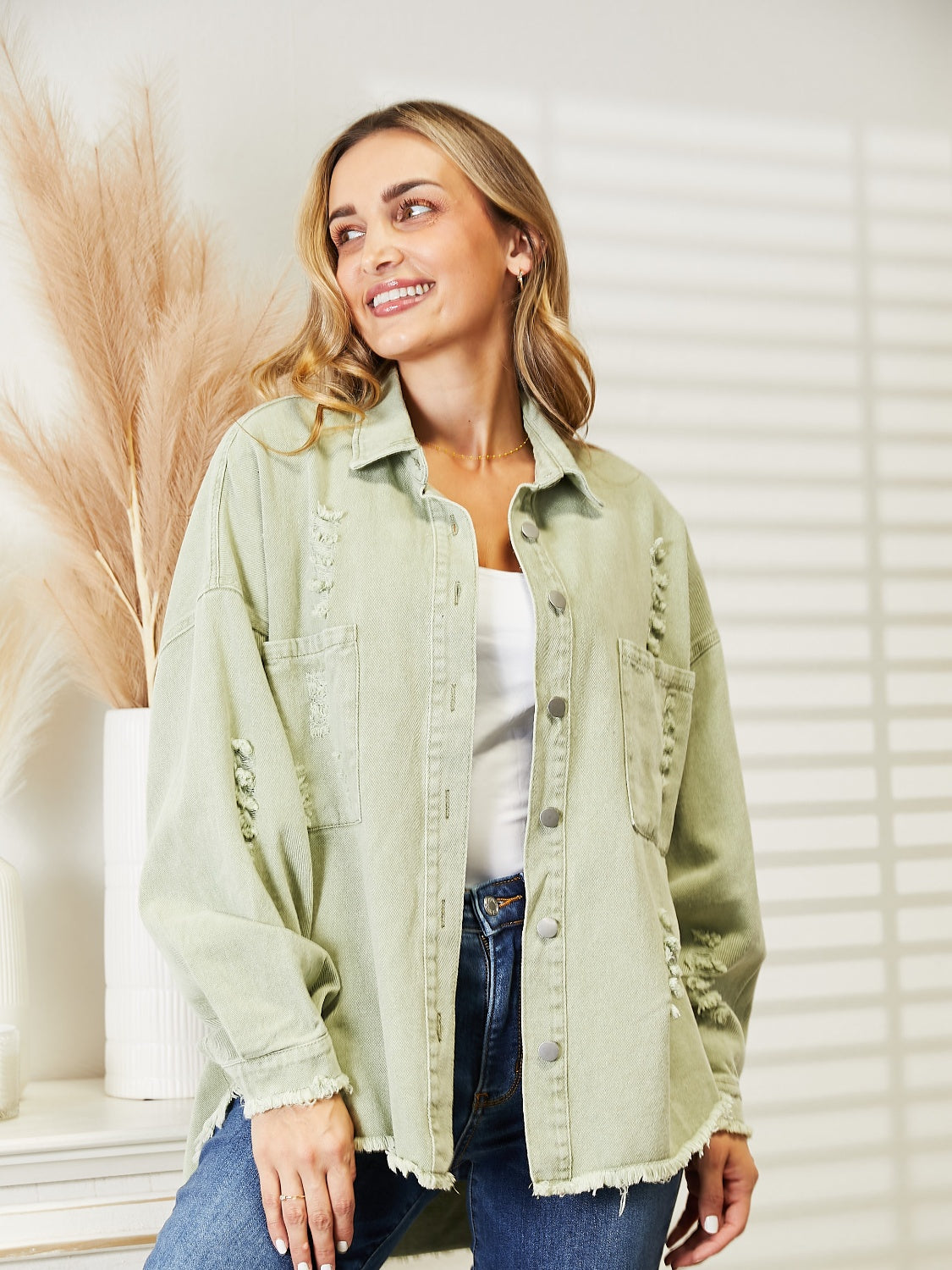 Distressed Raw Hem Denim Jacket nicholesgifts