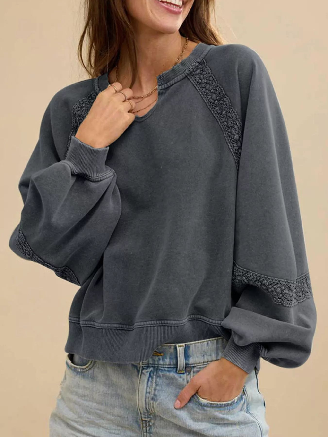 Lace Detail Notched Long Sleeve Sweatshirt Trendsi