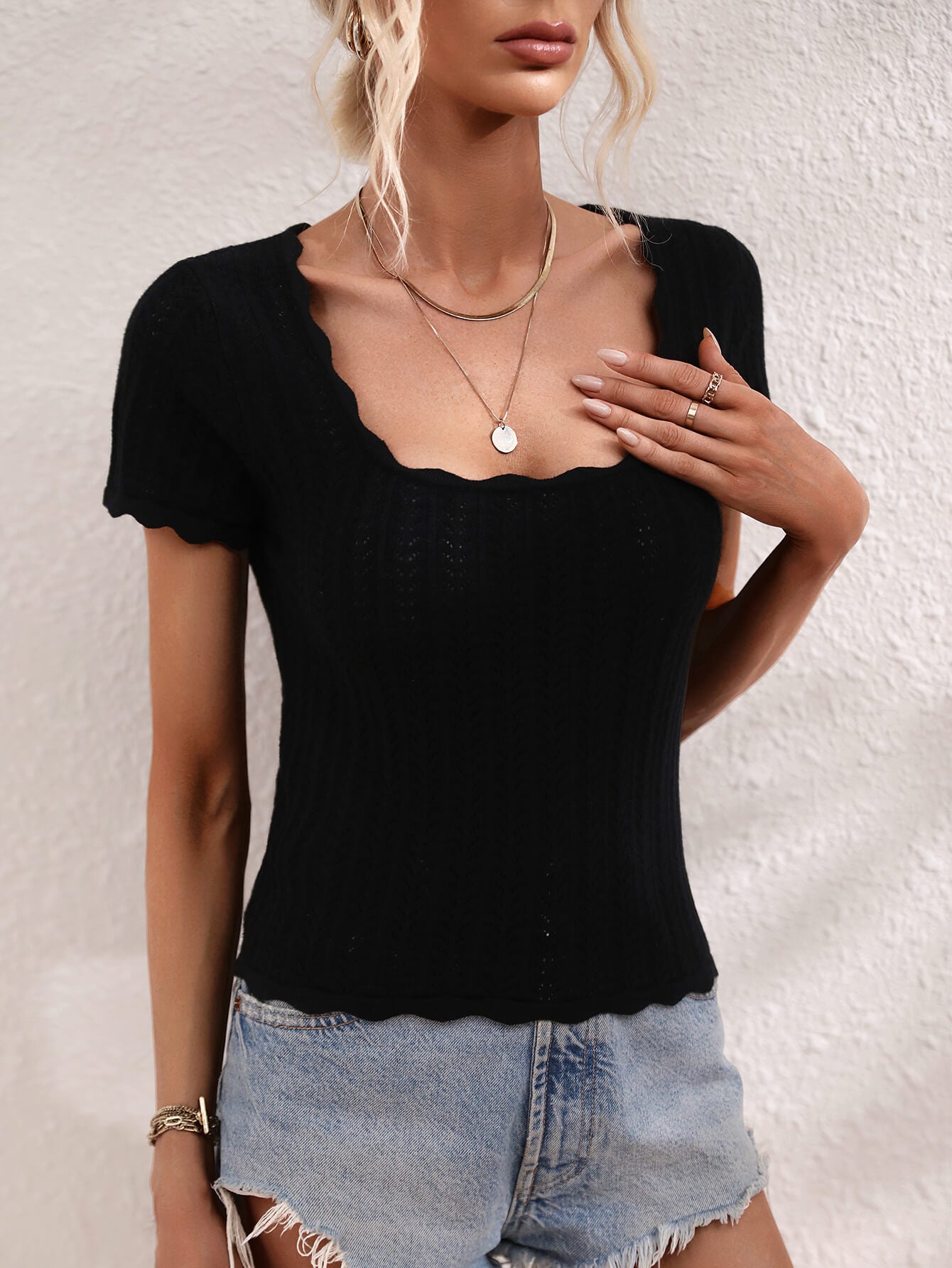 Scalloped Hem Square Neck Knit Top nicholesgifts