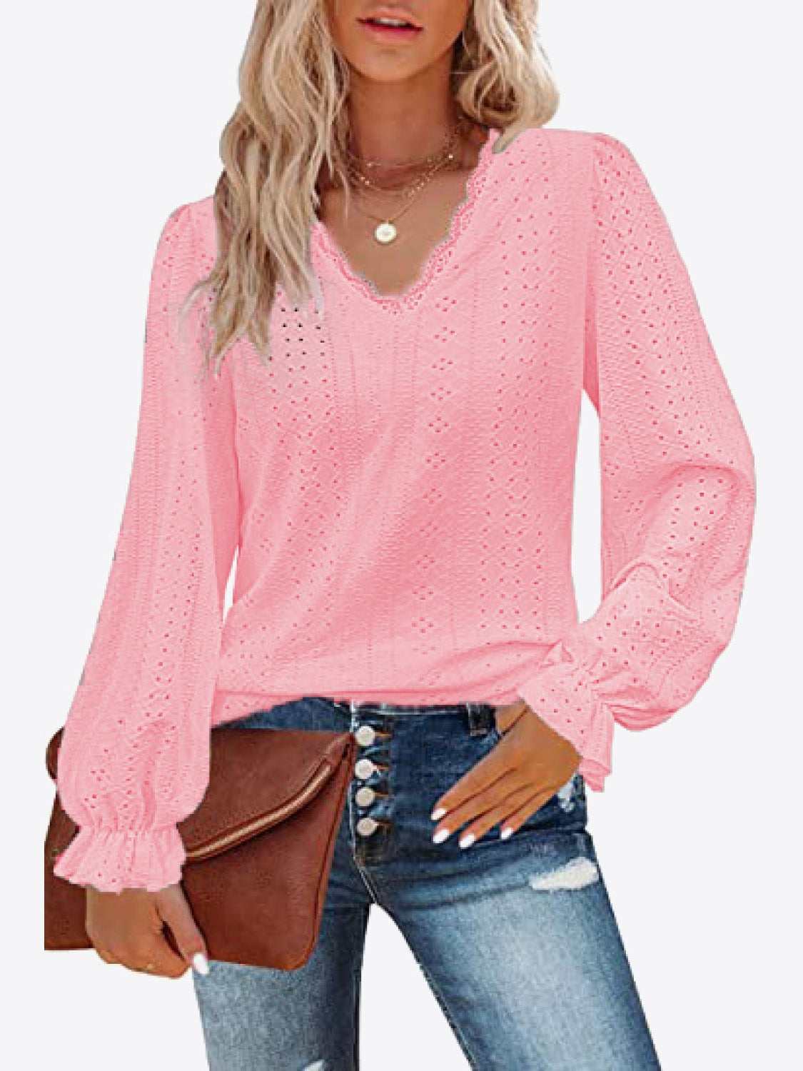 Eyelet V-Neck Flounce Sleeve Blouse