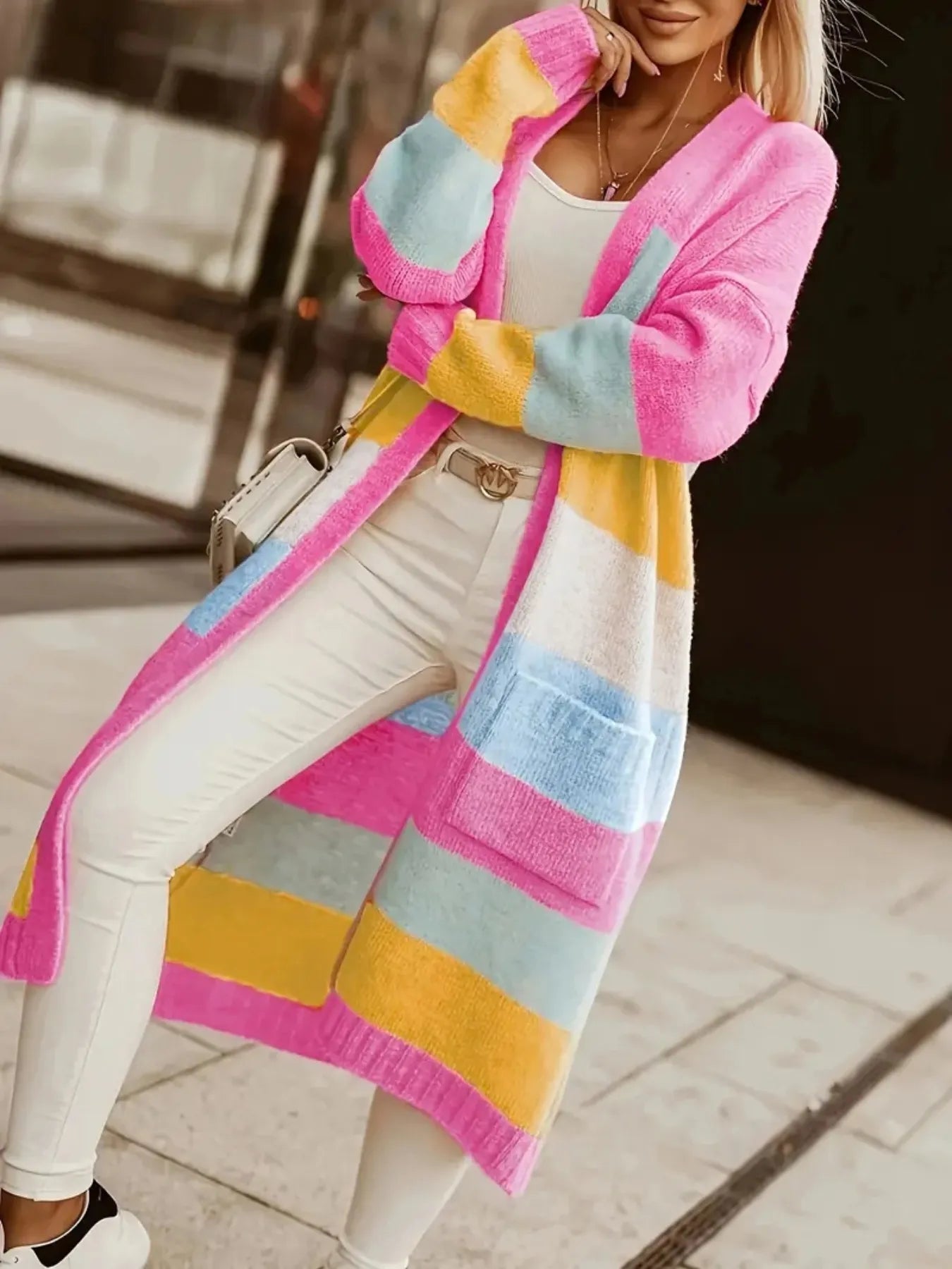 Color Block Open Front Cardigan