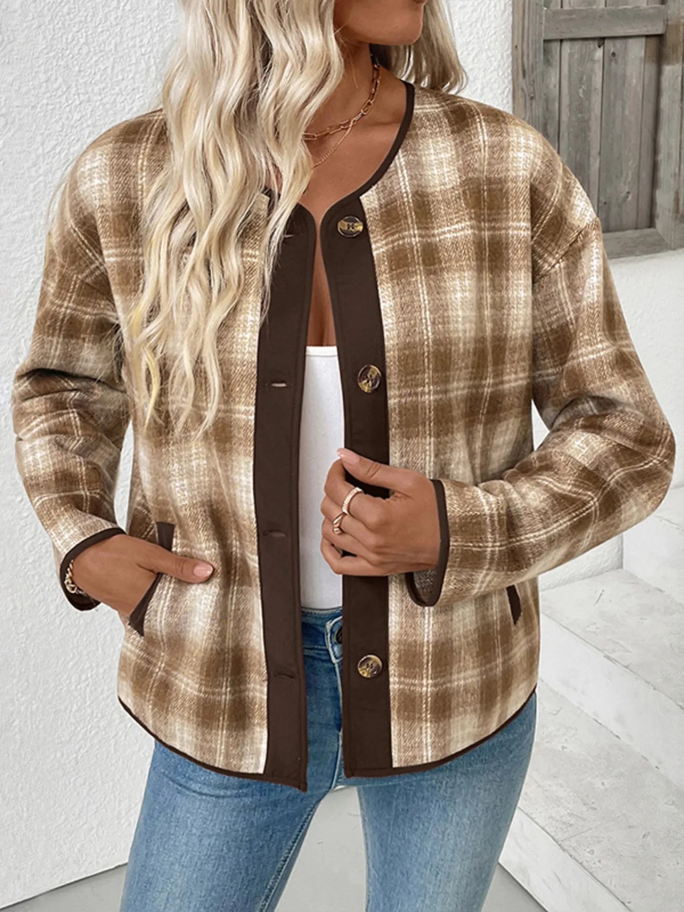 Plaid Long Sleeve Button-Up Jacket Trendsi
