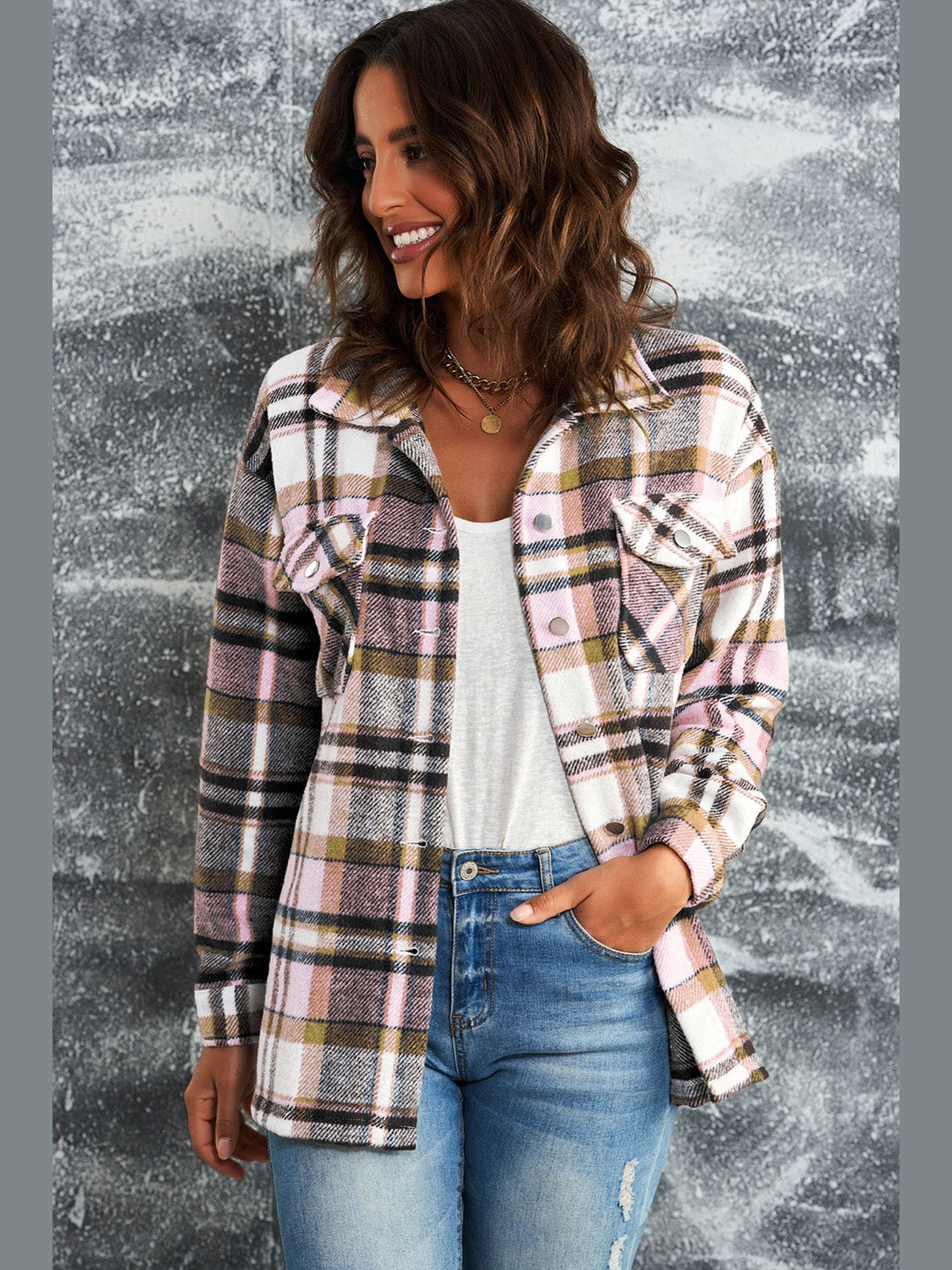 Plaid Button Front Shirt Jacket with Breast Pockets nicholesgifts