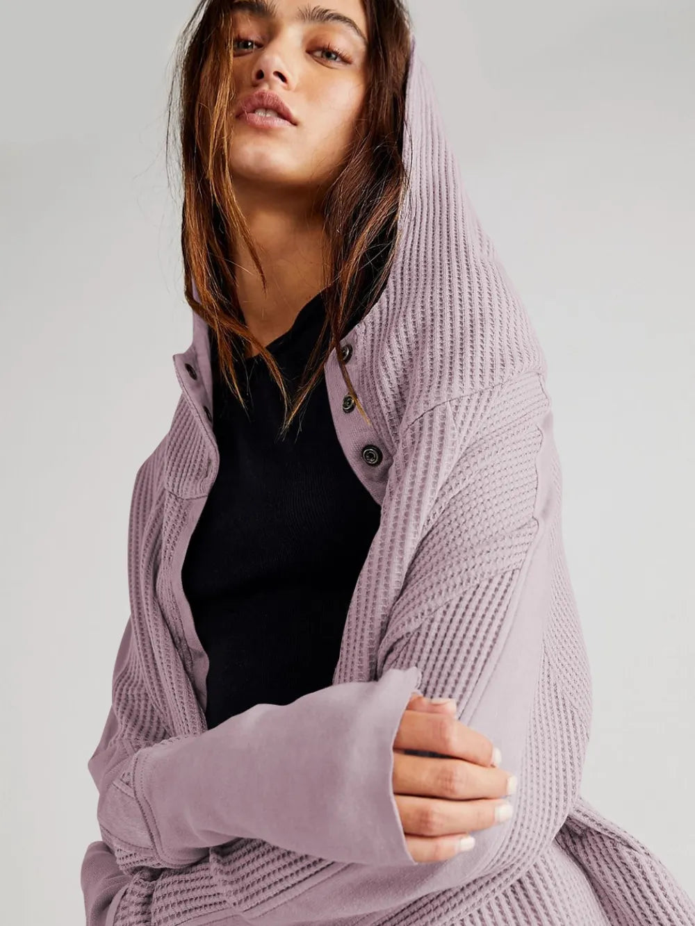 Waffle-Knit Dropped Shoulder Hooded Jacket nicholesgifts