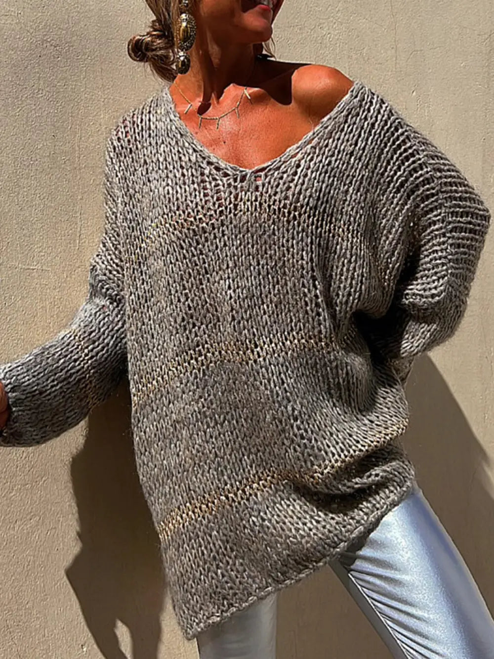 Openwork V-Neck Long Sleeve Sweater nicholesgifts