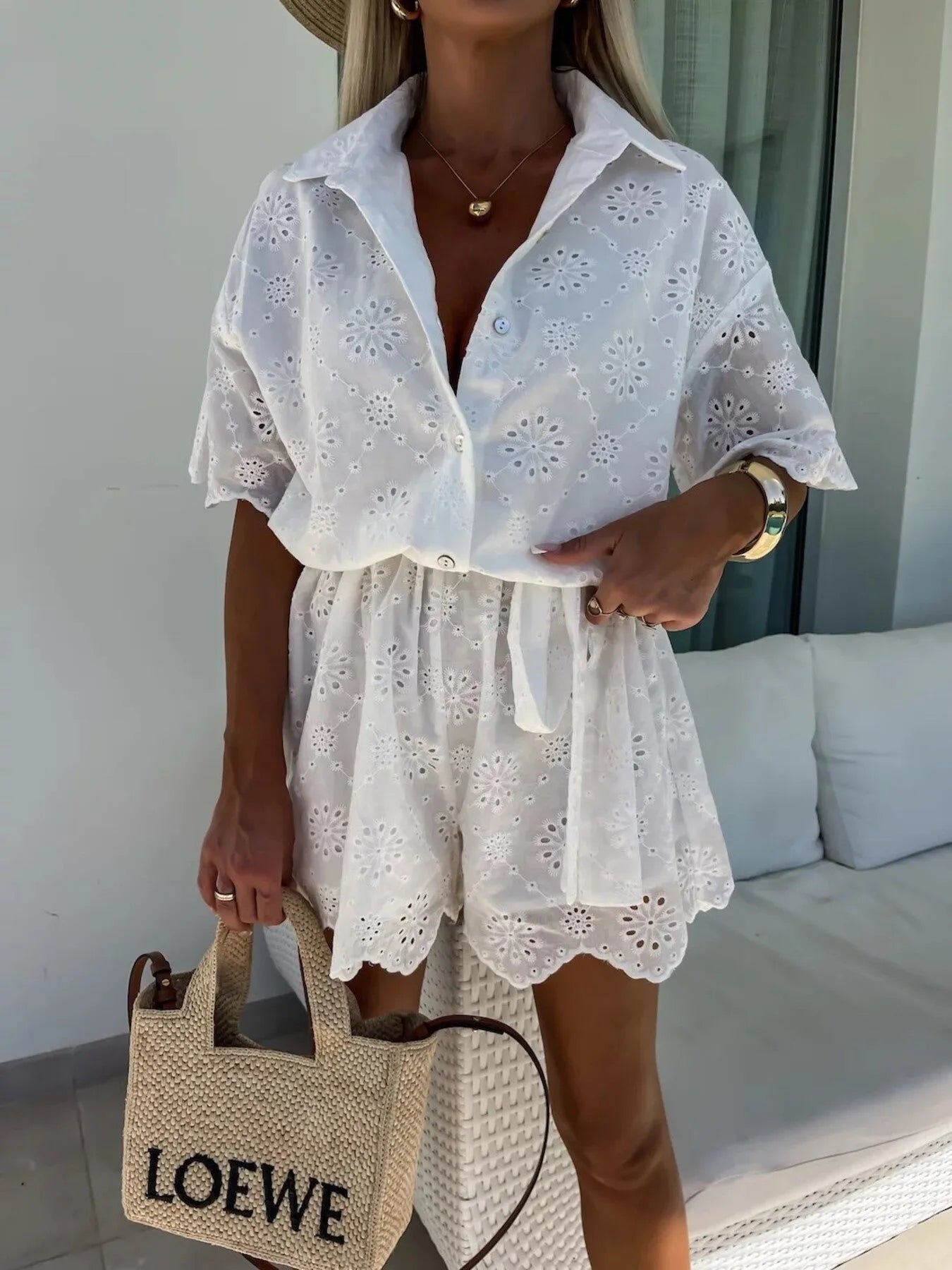 Eyelet Lace Button-Up Romper nicholesgifts