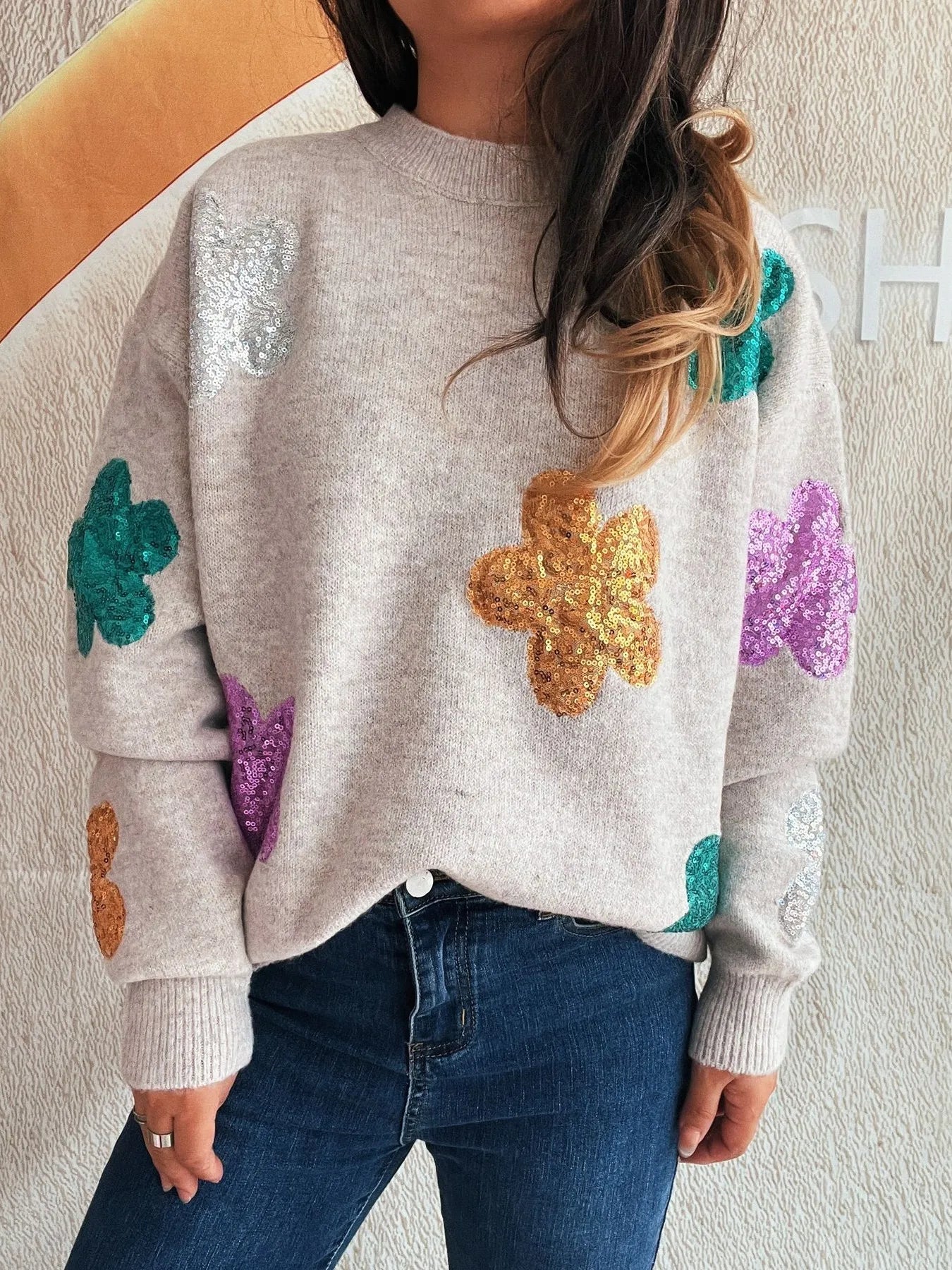 Sequin Flower Round Neck Long Sleeve Sweater nicholesgifts